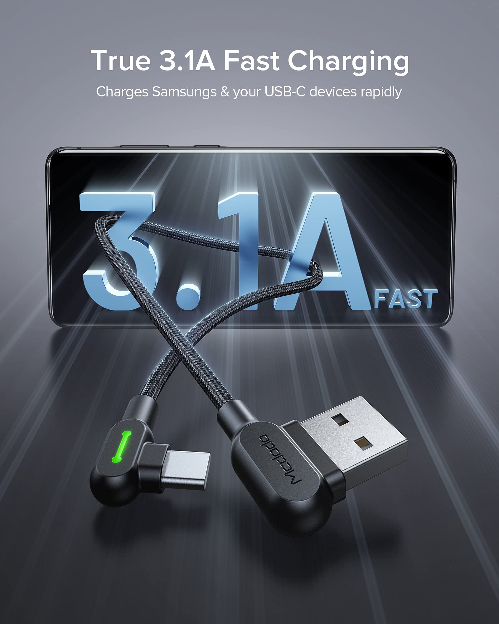 60W Fast Charging Cable USB-C to USB-A 90 Degree Nylon Braided Cord for iPhone 16 Pro Max/15, iPad, Galaxy S24 - 3 Pack (6.6FT/2M, Black) - Perfect for Gaming, Travel & Home Charging