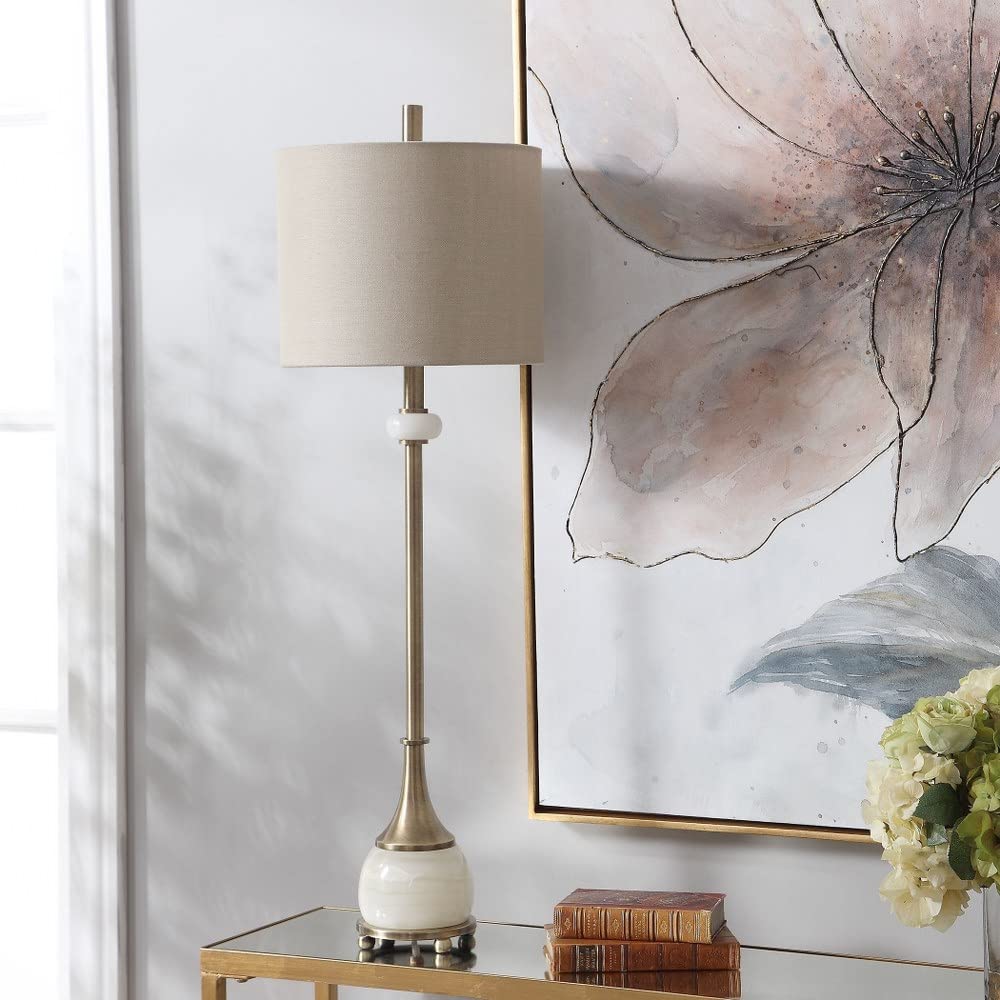 Contemporary Natania Plated Brass 1-Light Buffet Lamp - Elegant Dining Room & Entryway Lighting (208-Bel-3315171) - Perfect for Sideboards, Console Tables & Home Decor