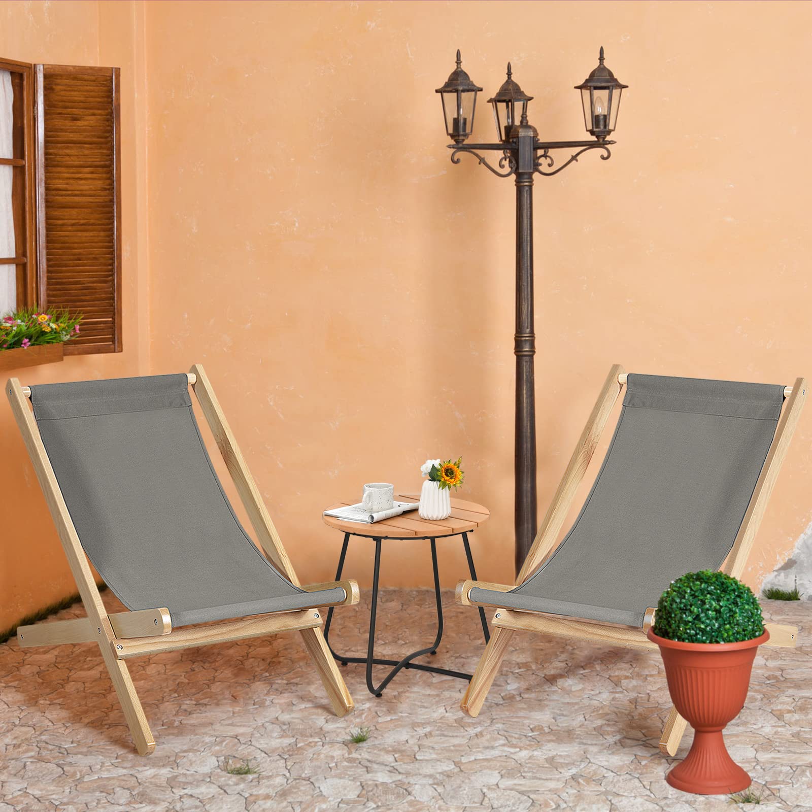 Tangkula Folding Sling Chair - Portable Outdoor Wooden Beach Lounge Chair with 3-Position Adjustable Backrest & Thick Cushion - Perfect for Backyard, Poolside, Balcony, Camping and Beach Relaxation