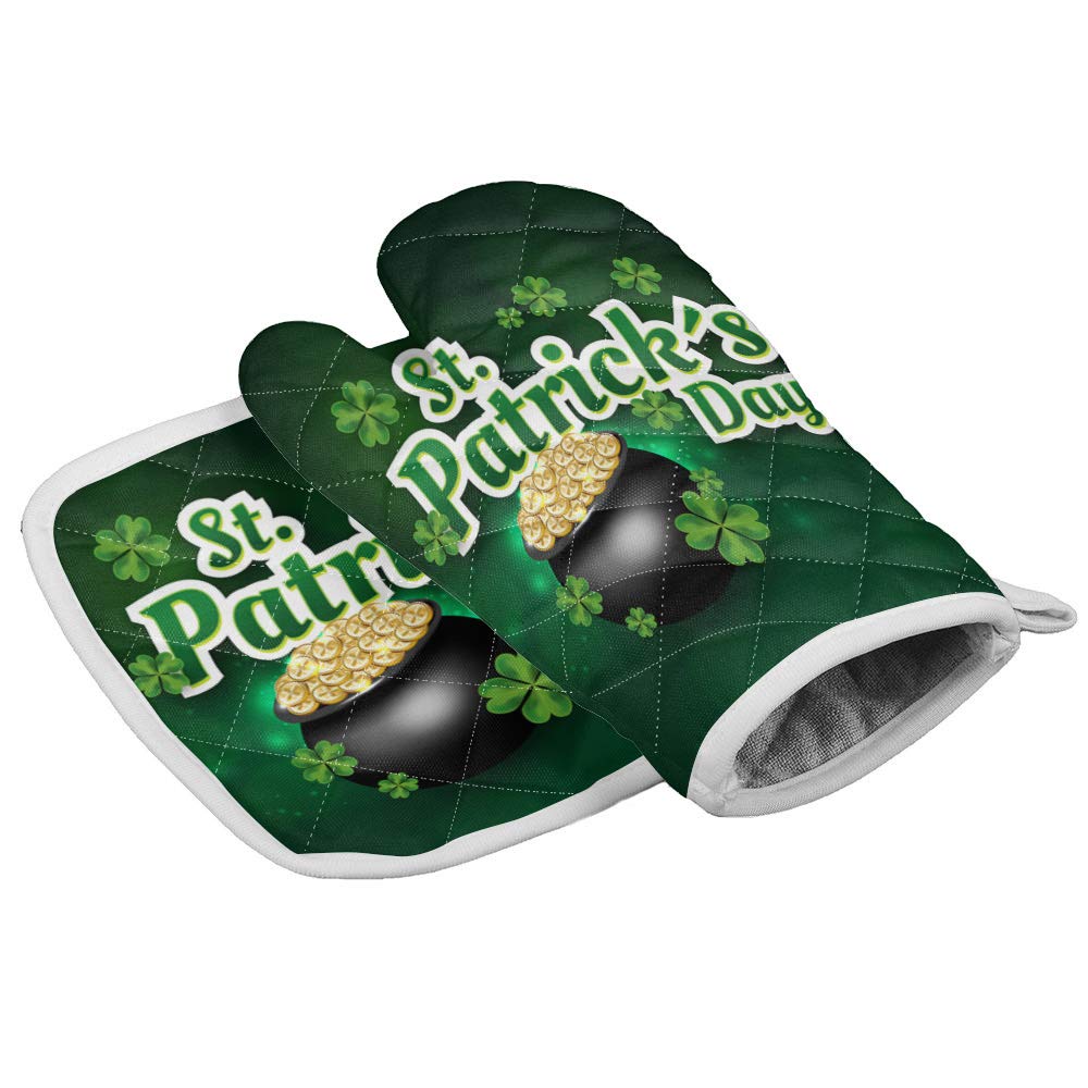 Premium St. Patrick's Day Oven Mitts & Pot Holders - Heat Resistant Kitchen Gloves for Cooking, Baking, BBQ & Grilling - Irish Pot of Gold & Shamrock Design - Perfect for St. Patrick's Day Parties, Holiday Cooking & Home Kitchen Safety