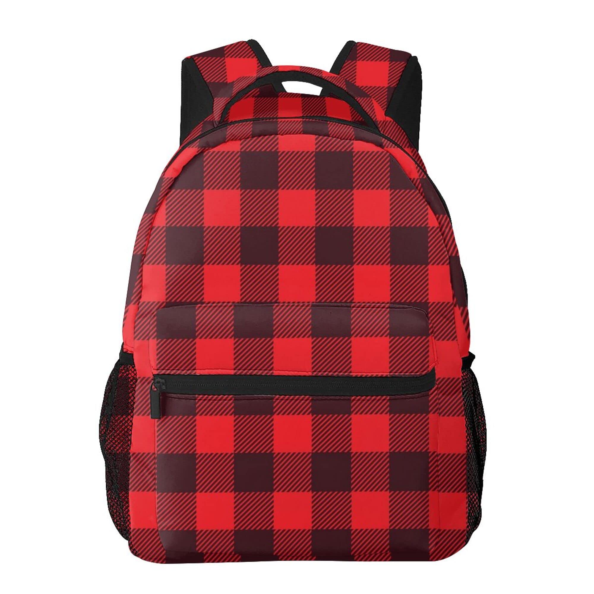 AMRANDOM Travel Backpack for Women & Men - Red Black Buffalo Check Plaid Pattern College Backpack with Adjustable Straps - Perfect for School, Work, Hiking & Daily Commute