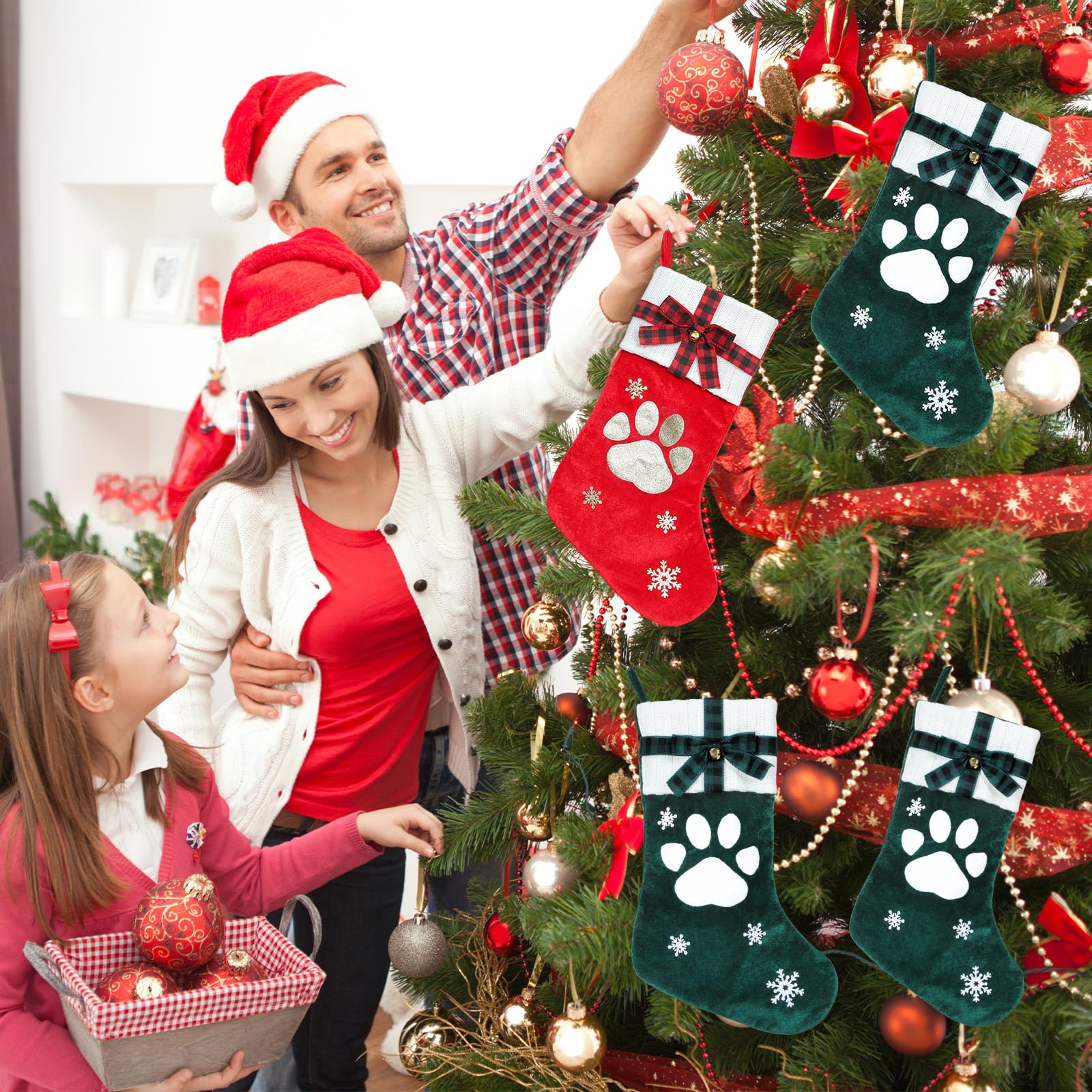 HMASYO 20 Inch Red Velvet Personalized Christmas Stocking for Pets - Embroidered Paw Design with Bow & Knitted Cuff - Large Dog Cat Holiday Stocking for Family Decor - Perfect for Fireplace Mantel & Christmas Tree Decoration