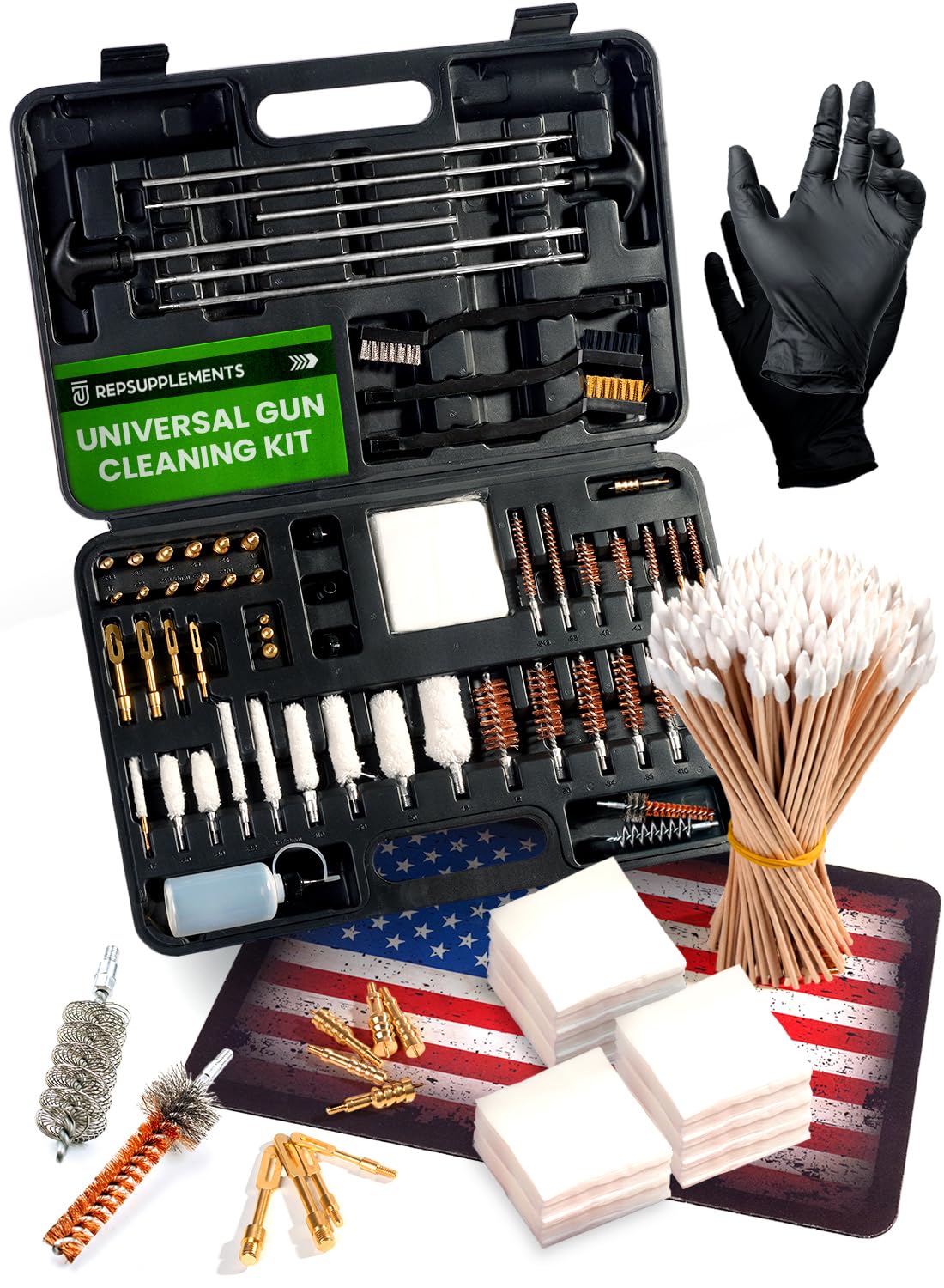 Universal Gun Cleaning Kit for Pistols, Rifles & Shotguns - Stainless Steel Rods, Brass Jags, Patches & Swabs - Portable Firearm Maintenance Tool for Hunting, Shooting Range & Airsoft Practice