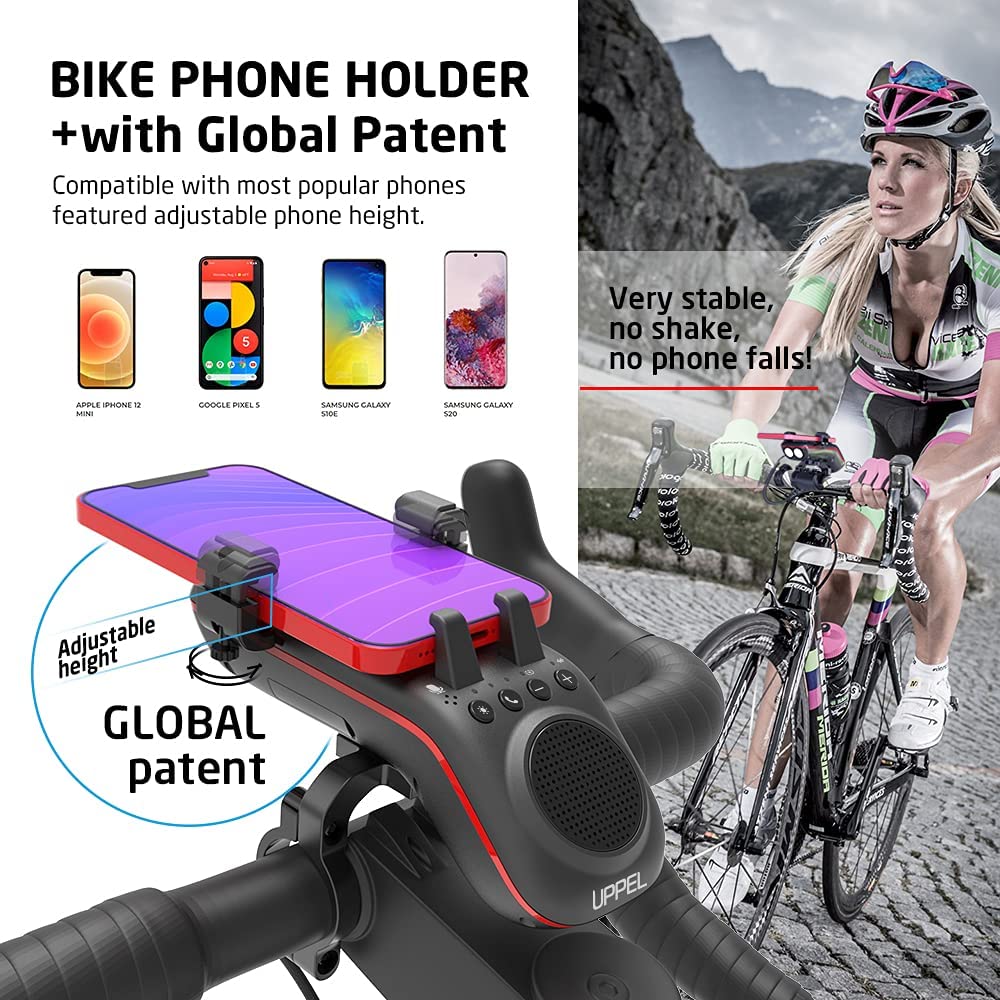 10-in-1 Bluetooth Bike Speaker with Phone Holder, LED Light, Power Bank & Horn - Waterproof Wireless Bicycle Speaker for Road & Mountain Biking - Perfect for Outdoor Cycling, Commuting & Fitness Rides (Black)