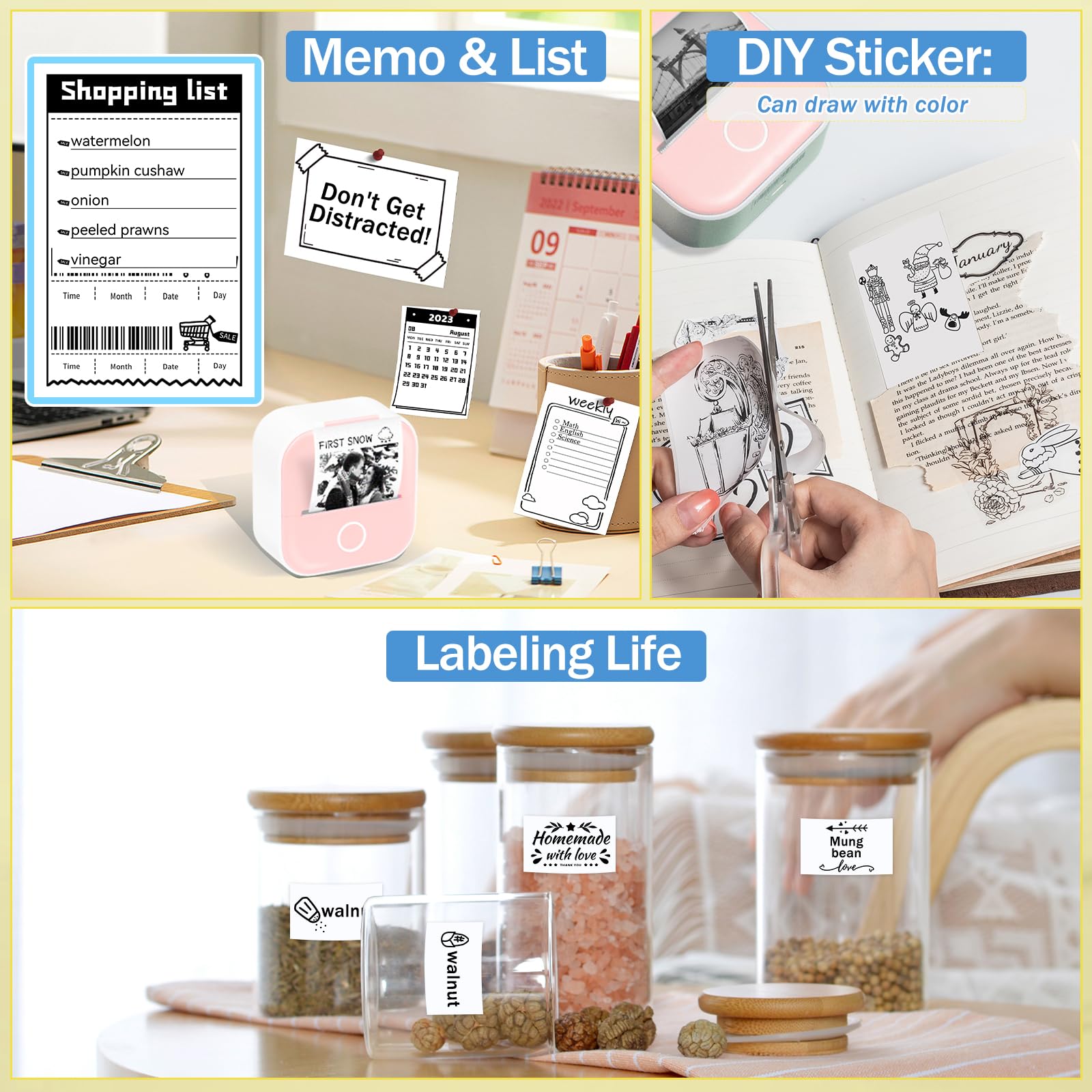 T02 Mini Printer Paper - White Sticker Paper Compatible with T02/M02X/M02L Mini Pocket Printers, Long-Lasting 10-Year Adhesive, 50mmx3.5m (3 Rolls) - Perfect for Journaling, Photo Printing, Study Notes & DIY Crafts
