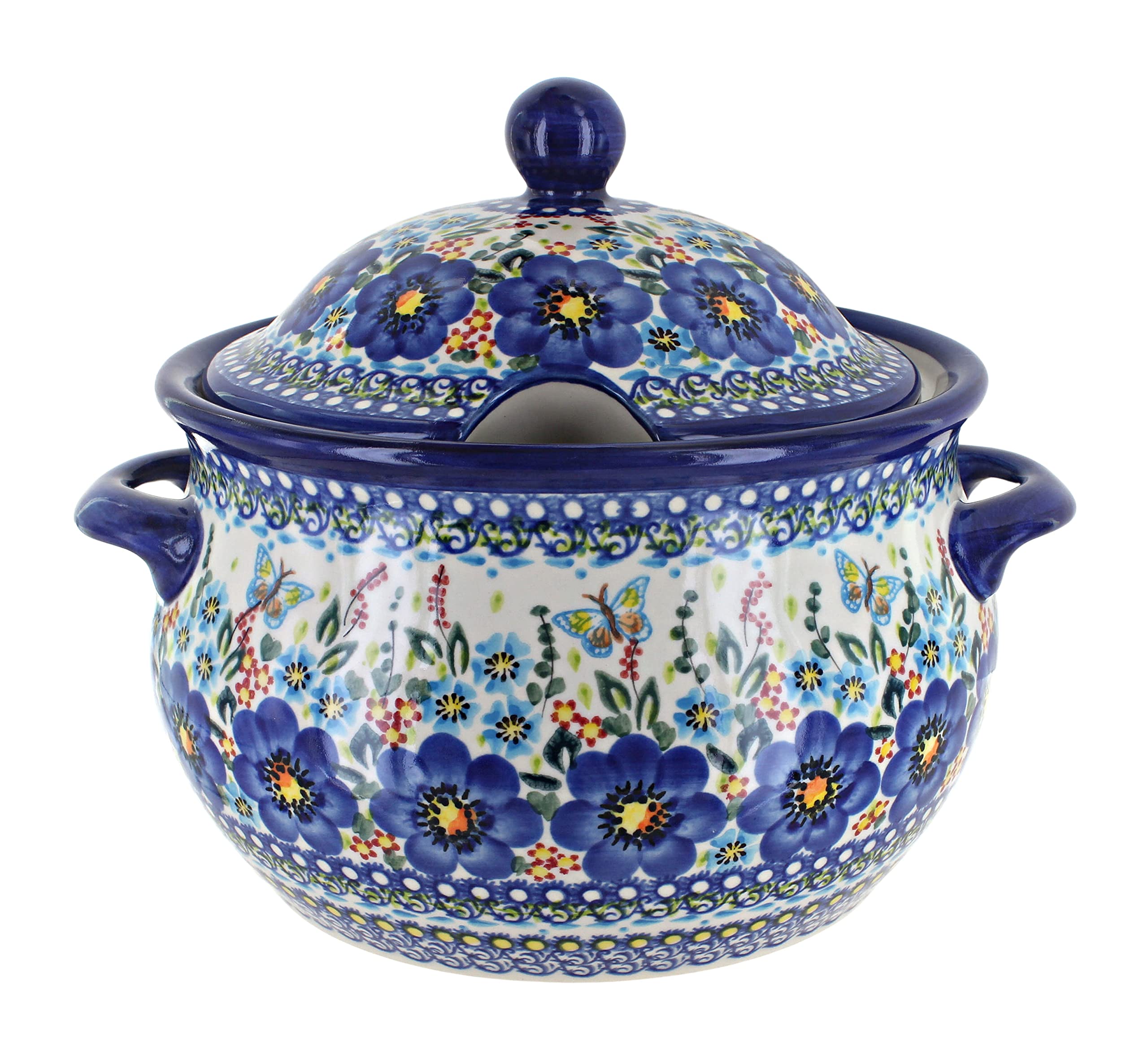 Blue Rose Polish Pottery Large Soup Tureen - Handmade Ceramic Serving Bowl for Elegant Dining & Entertaining | Perfect for Soups, Stews & Special Occasions