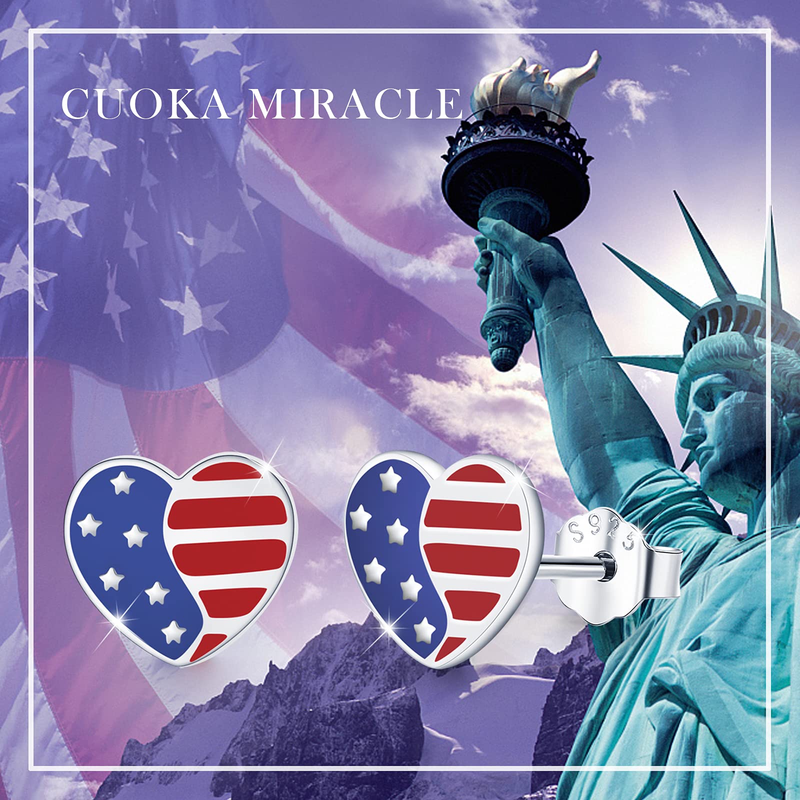 USA Patriotic American Flag Earrings - 925 Sterling Silver Red White Blue Heart Stud Earrings for Independence Day, 4th of July | Unisex Jewelry Gift for Men & Women | Perfect for National Holidays, Parties & Patriotic Events