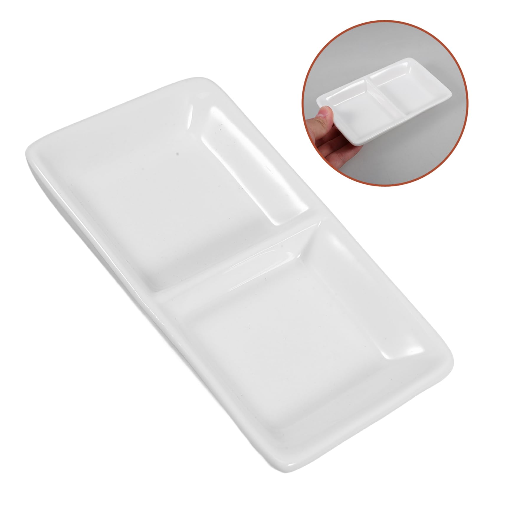Cabilock 2-Compartment Porcelain Dipping Sauce Bowls - Mini Divided Condiment Dishes for Sushi, Dumplings & Appetizers - White Ceramic Tasting Saucers for Parties & Dining