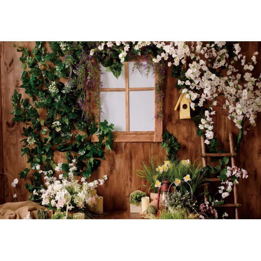 10x8ft Polyester Spring Wood Flowers Backdrop for Cake Smash, Birthday Party, Bridal Shower, Baby Shower, Tea Party, Wedding Photography, YouTube Background - Rustic Floral Green Leaves Design