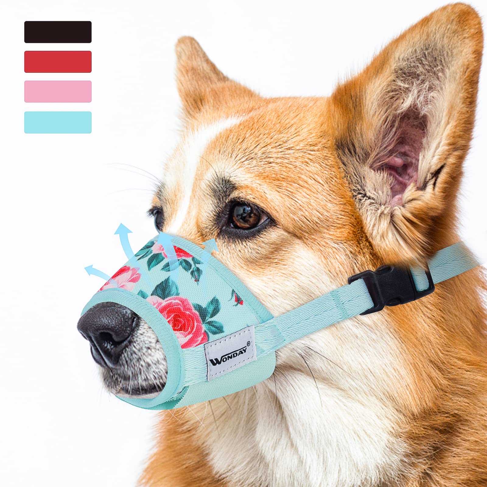 Breathable Adjustable Soft Nylon Dog Muzzle for Medium & Large Dogs - Anti-Biting, Barking & Chewing Control - Cyan Flower Print - Perfect for Training, Grooming & Vet Visits