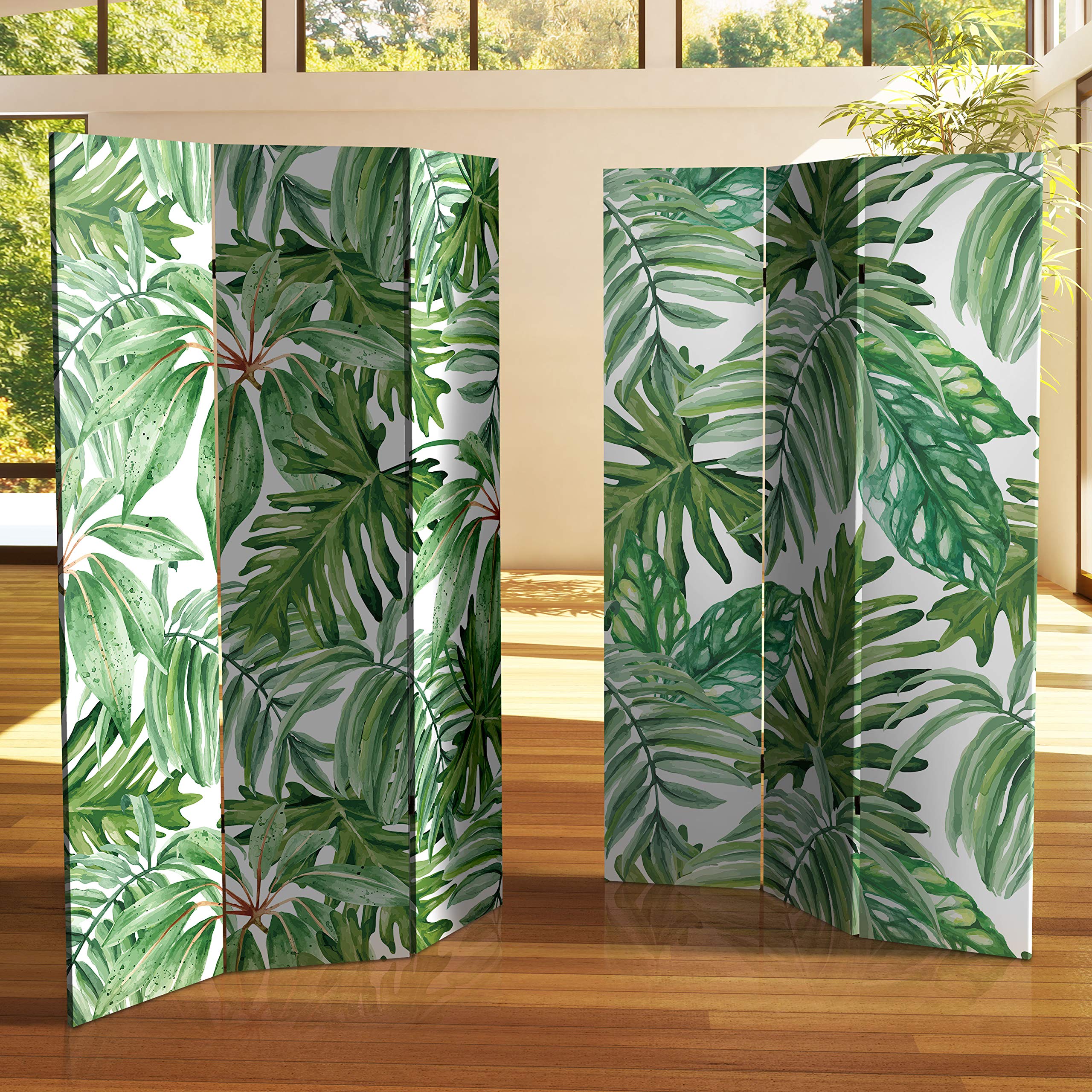 6 ft. Tall Double Sided Palm Leaves Canvas Room Divider - Tropical Green Folding Privacy Screen for Home, Office, Patio or Wedding Decor