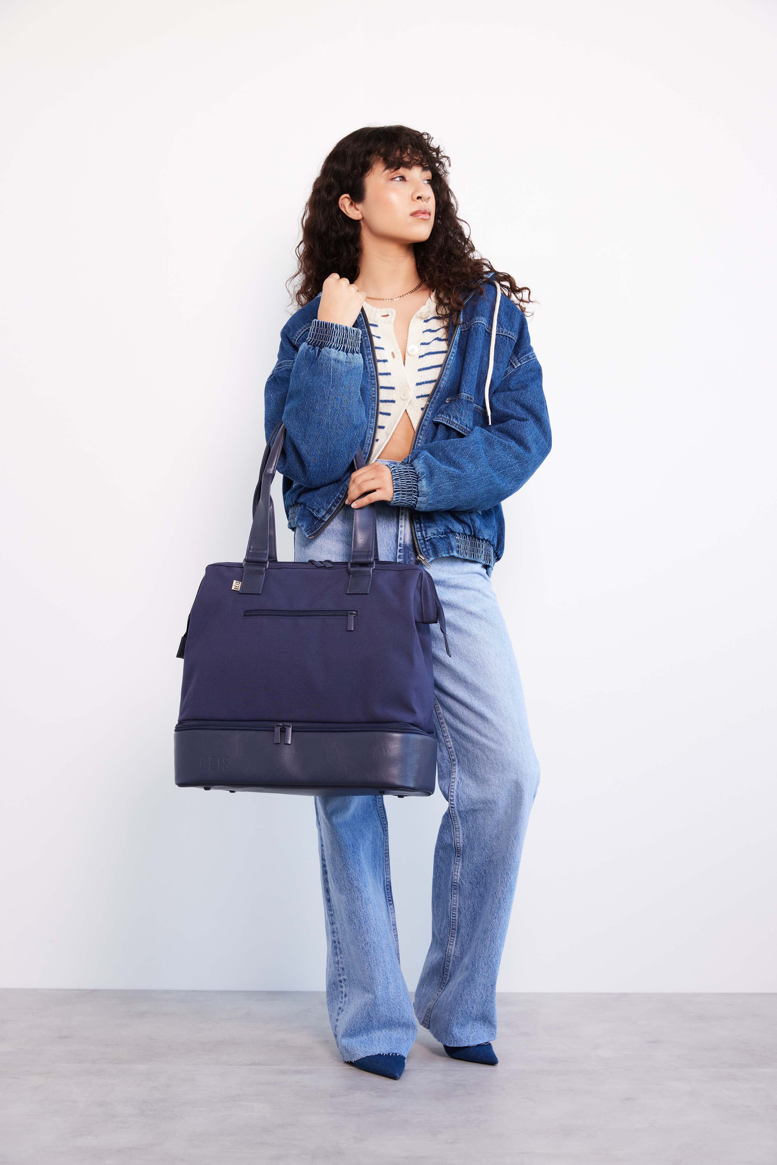 Navy Blue Mini Weekender Bag - Stylish & Compact Travel Tote for Women | Perfect for Weekend Getaways, Gym, Work & Daily Commute