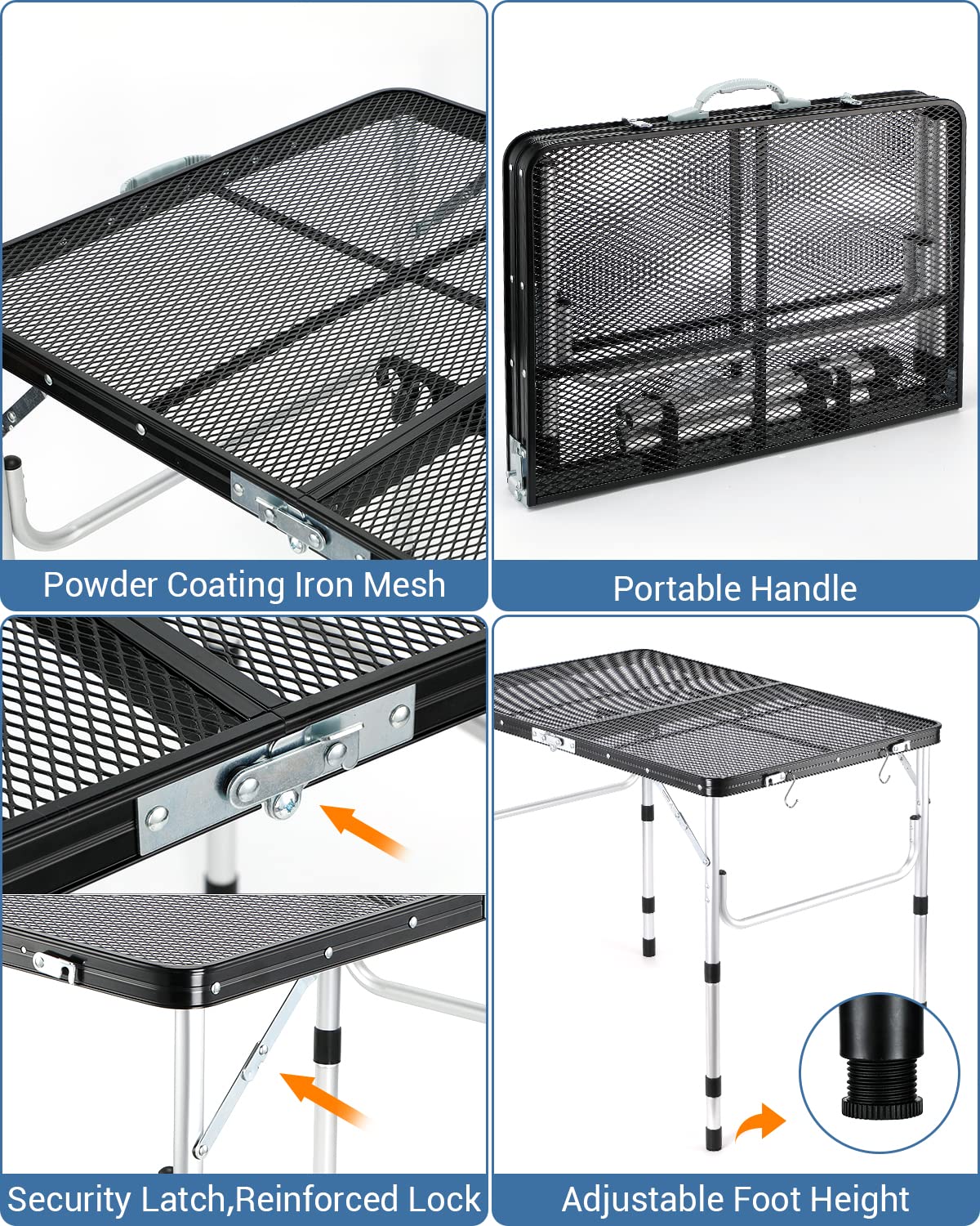 **Sportneer Adjustable Height Folding Camping Table - Lightweight Aluminum Portable Grill Table with 2 Hooks for Outdoor, BBQ, Picnic, RV & Backpacking - Perfect for Cooking, Tailgating & Beach Trips (Black)**
