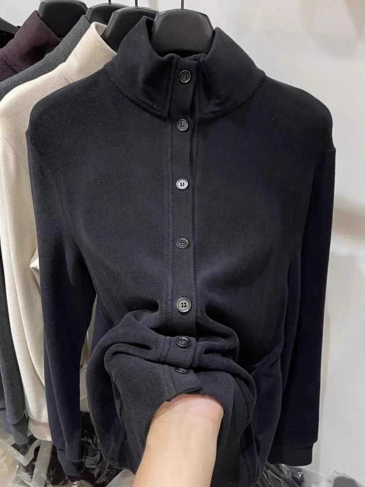 2024 Korean Fashion Women's Long Sleeve Solid Color Single Breasted Cardigan T-Shirt | Autumn Winter Versatile Layering Top for Office, Casual & Date Outfits