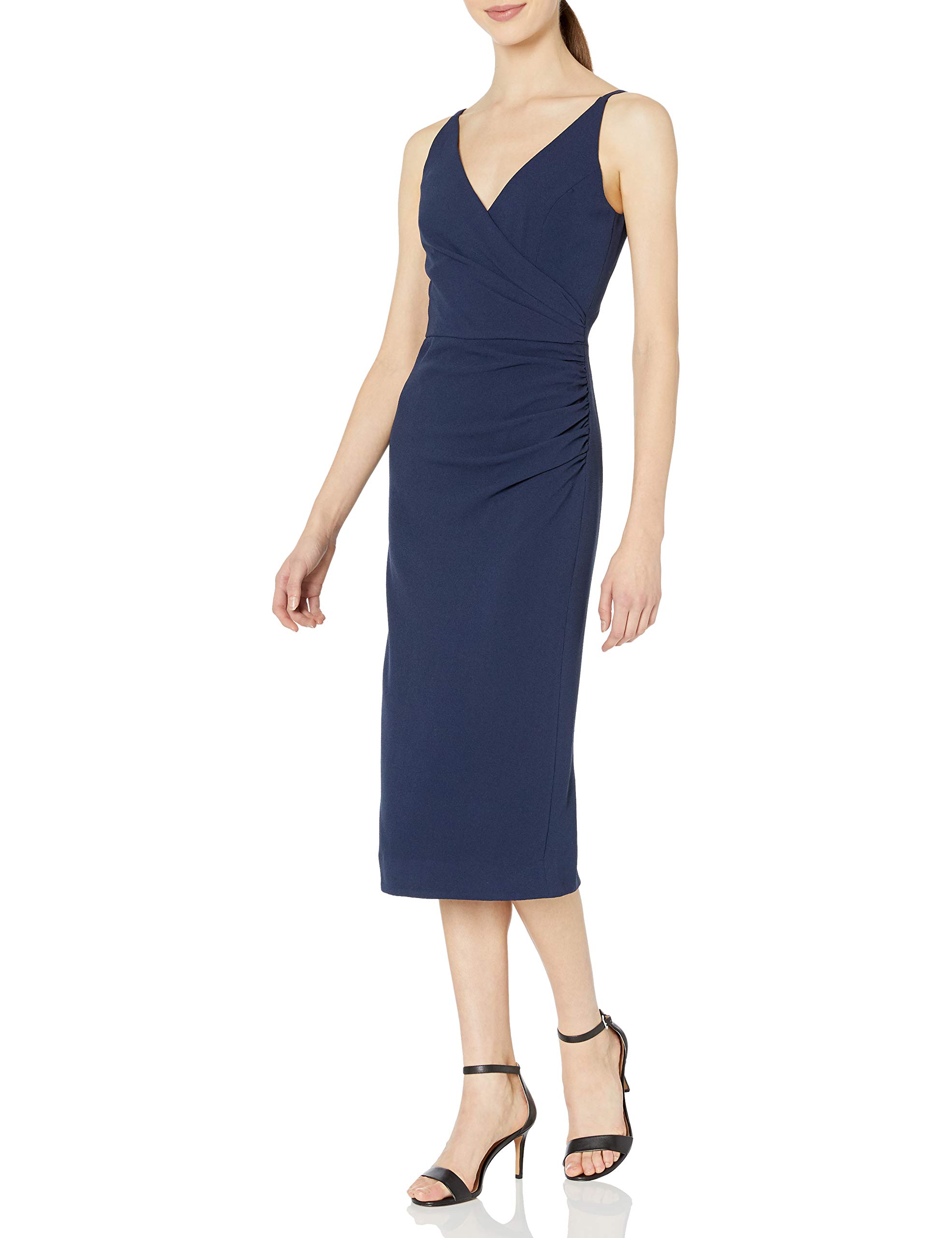 Dress the Population Women's Anita Plunging V-Neck Drape Front Sleeveless Midi Sheath Dress - Elegant Cocktail & Evening Party Wear for Weddings, Date Nights & Special Occasions