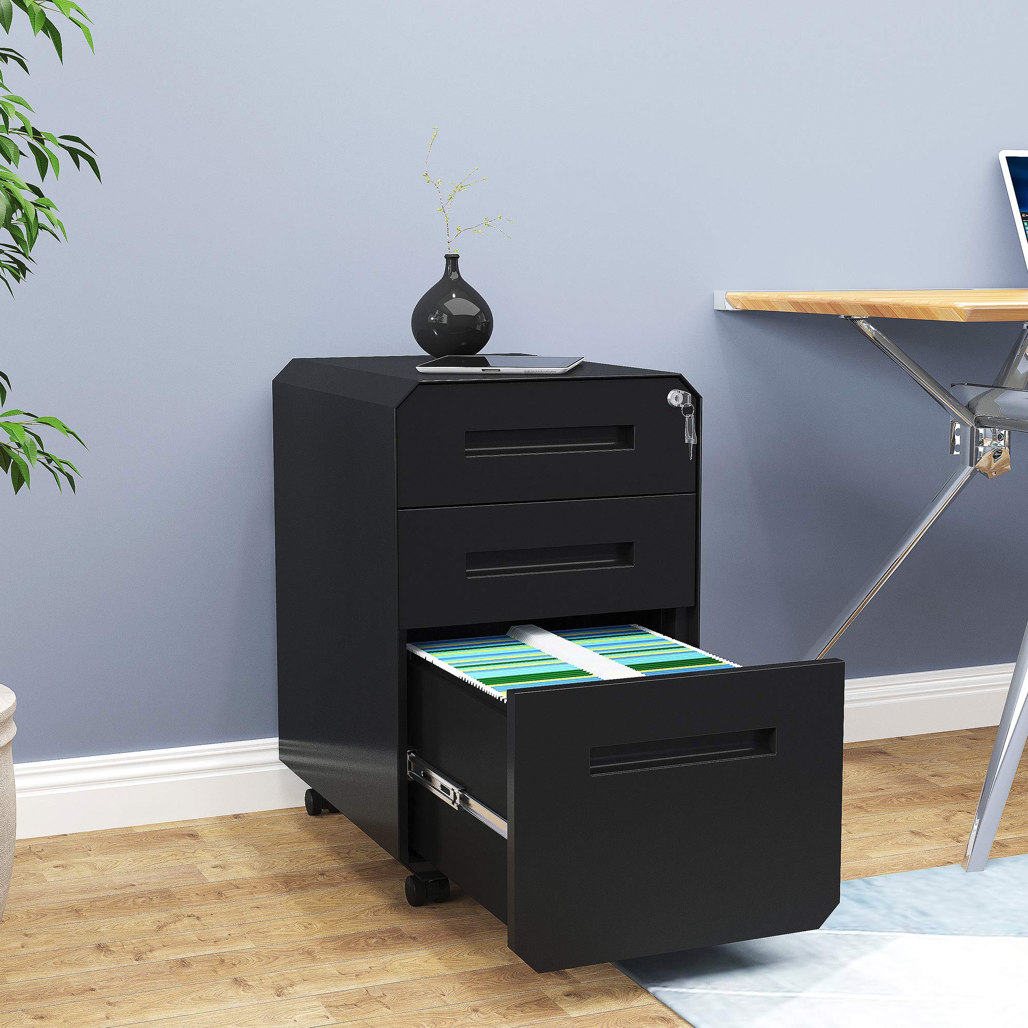 YITAHOME 3-Drawer Locking Metal Filing Cabinet with Divider & Pencil Tray - Portable Office Storage Solution for Documents, Files & Supplies - Perfect for Home Office, Workplace & School Organization