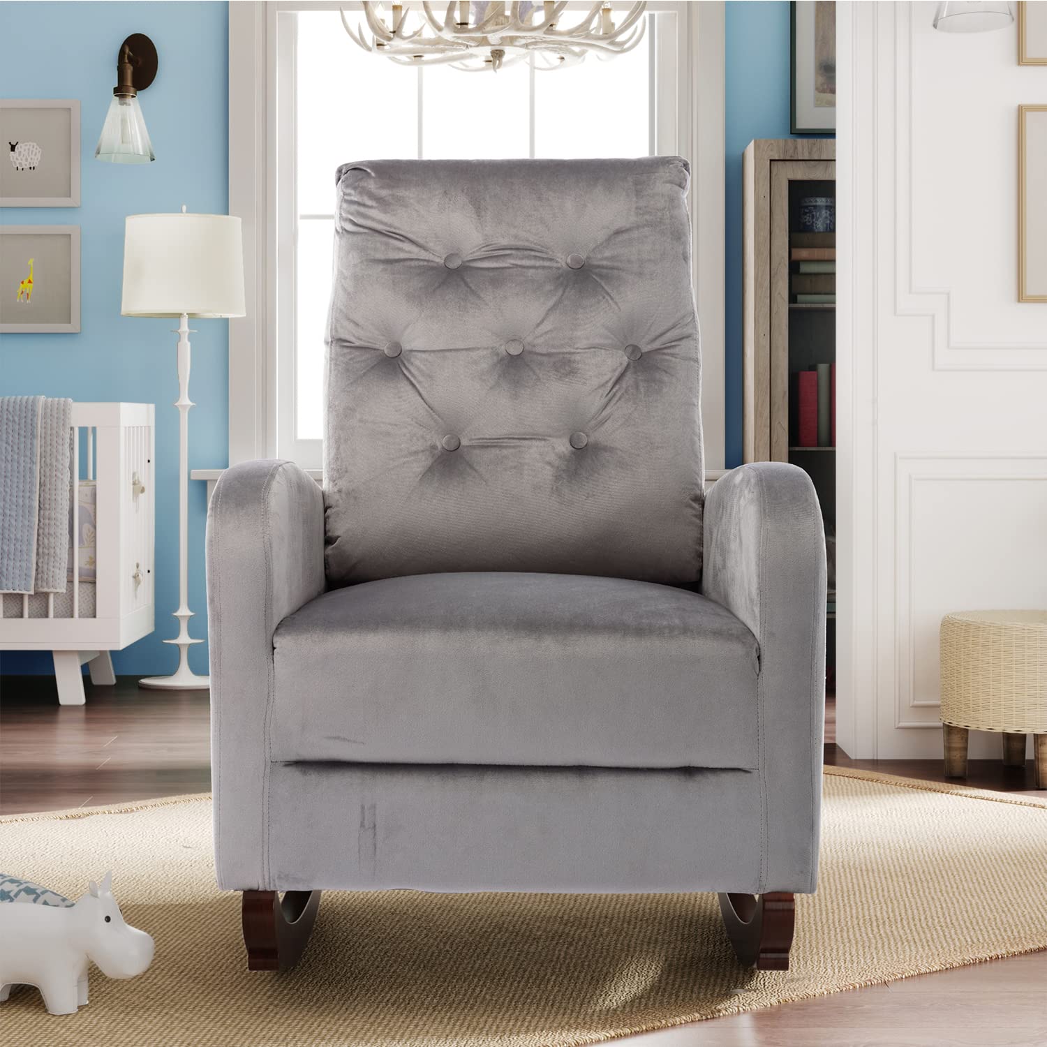 Modern Velvet Upholstered High Back Rocking Chair - Comfortable Nursery Rocker with Fabric Padded Seat & Side Storage Pocket - Perfect for Baby Room, Nursery, Living Room & Breastfeeding (Grey)
