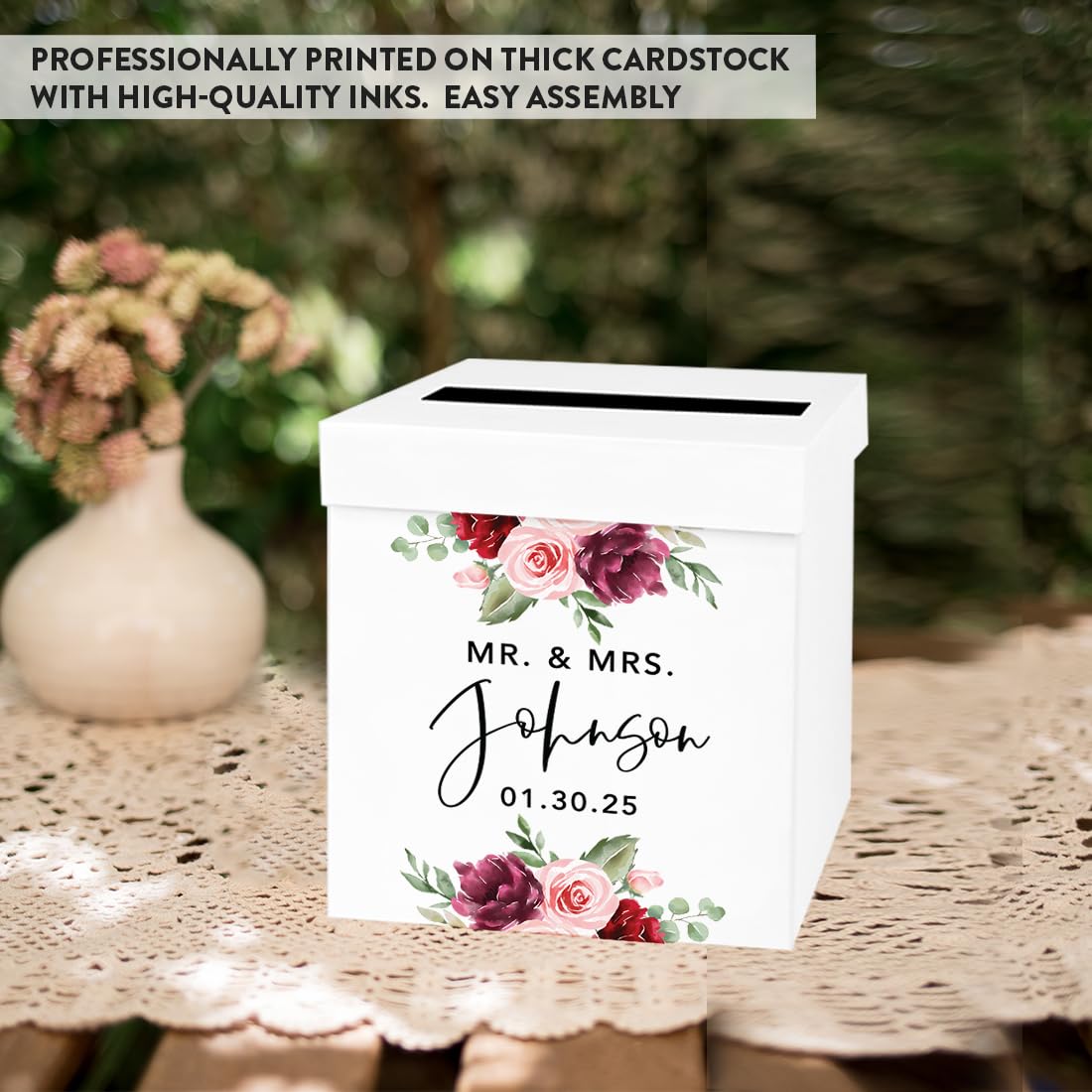 Personalized Wedding Card Box 10x10x10 - White Floral Gift Box for Wedding Cards & Gifts