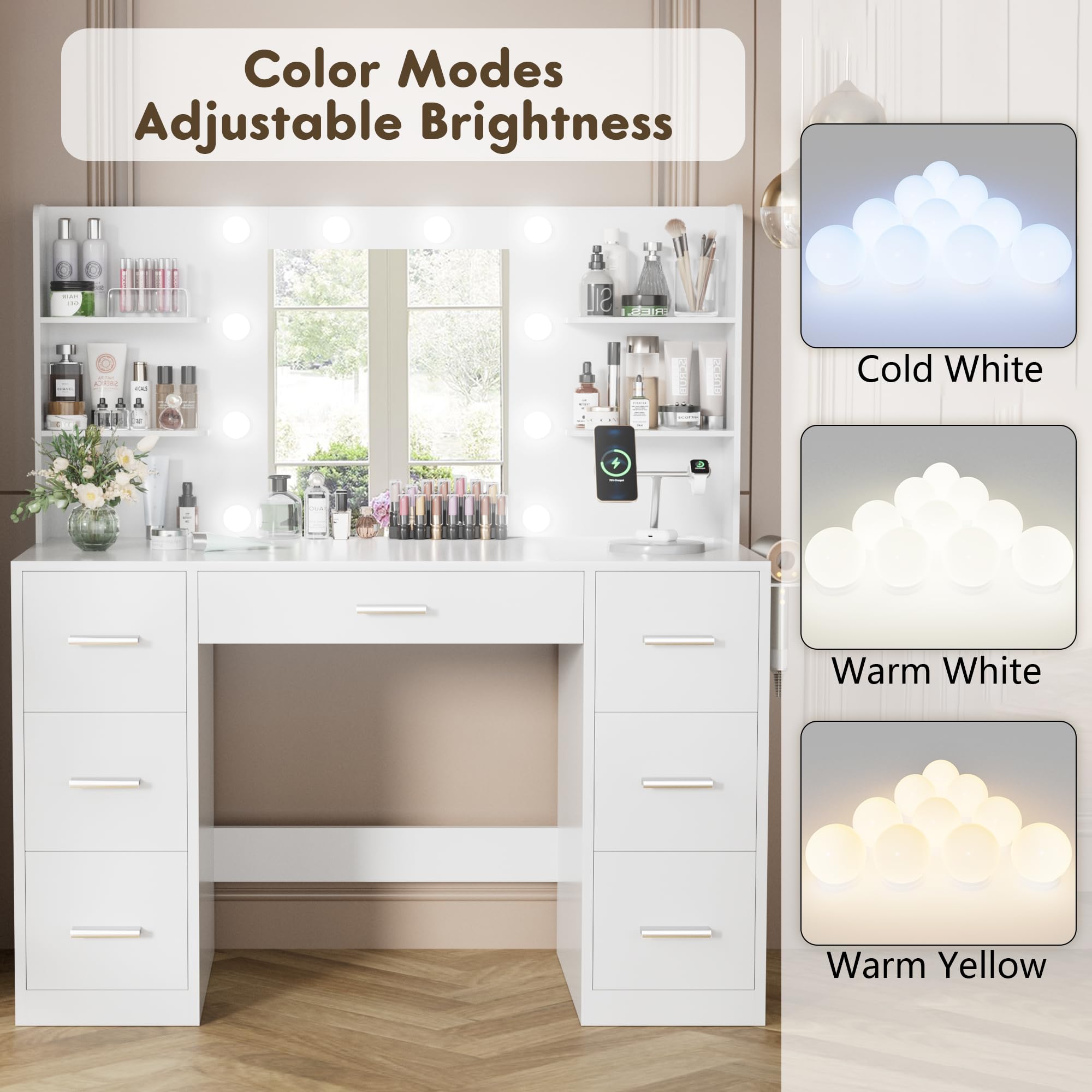 YESHOMY Vanity Desk with LED Lights & Power Outlet - 7-Drawer Makeup Dressing Table with Adjustable Mirror - 3 Color Lighting Modes (Pure White) for Bedroom, Home Beauty Station & Hollywood Glam Setup