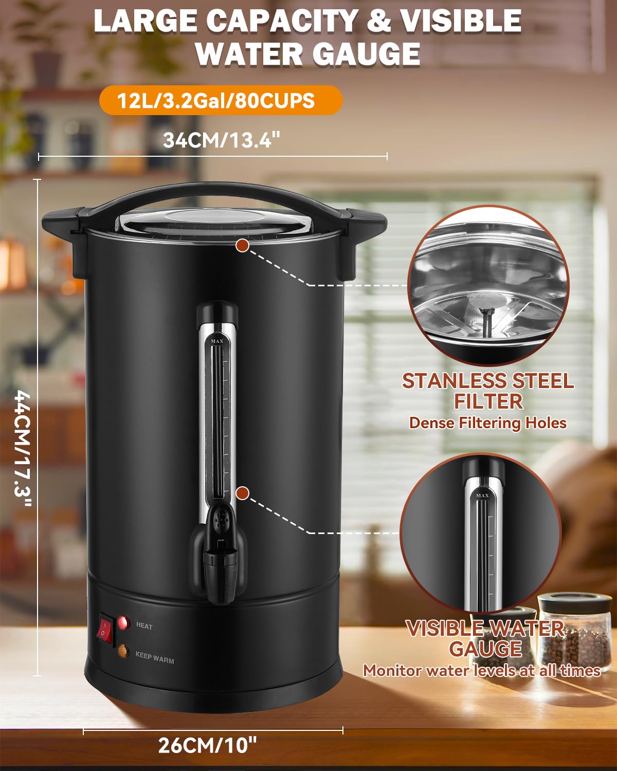 80 Cup Commercial Coffee Urn with Percolator - 1500W High Power Fast Brewing, Auto Temperature Control Stainless Steel Hot Beverage Dispenser - Perfect for Events, Catering, Offices & Large Gatherings
