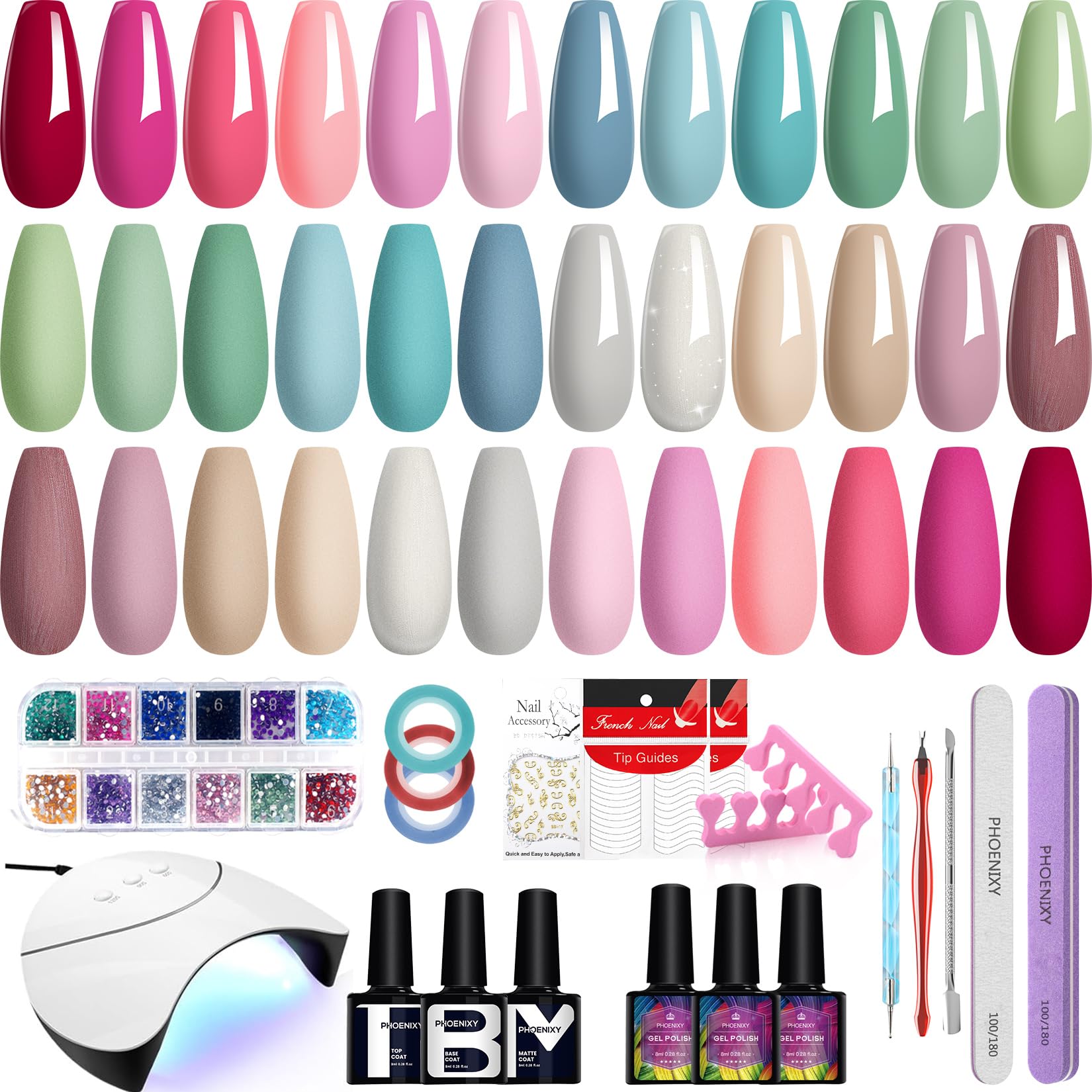 Phoenixy 36PCS Gel Nail Polish Kit with UV Light - Pink, Red, Brown, Blue, Green Colors - Professional Manicure Starter Set for Women | Perfect for Home Nail Art, DIY Salon, Gift Giving & Special Occasions