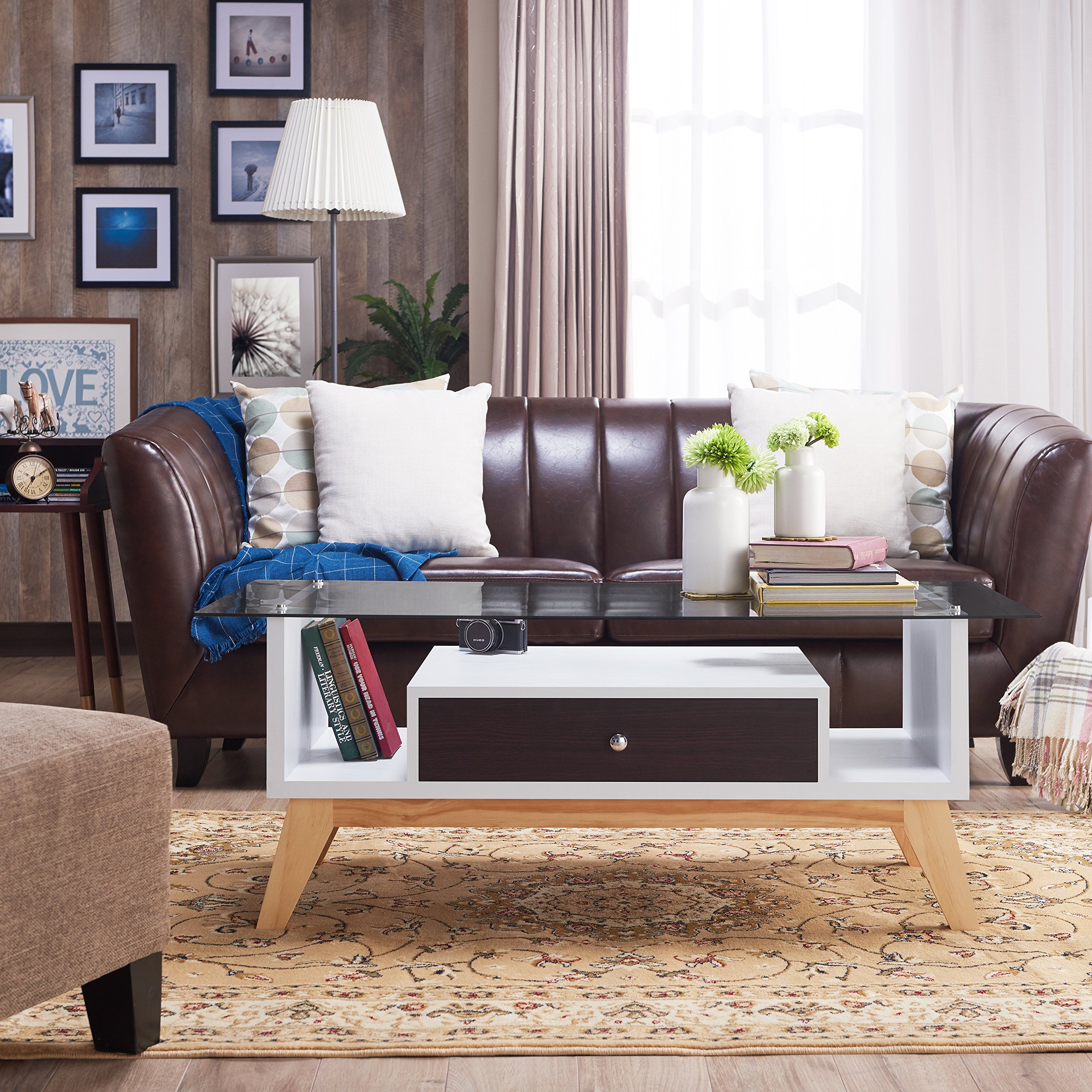 Modern Rectangle 1-Drawer Glass Top Coffee Table in Espresso - Stylish Living Room Furniture for Small Spaces, Home Office & Apartment Decor