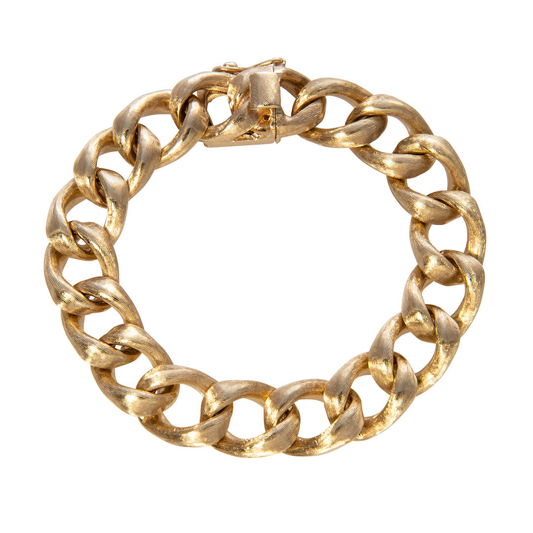 Vintage 14K Yellow Gold Brushed Cuff Link Bracelet for Women - Elegant Chunky Chain Jewelry for Party, Wedding & Everyday Wear