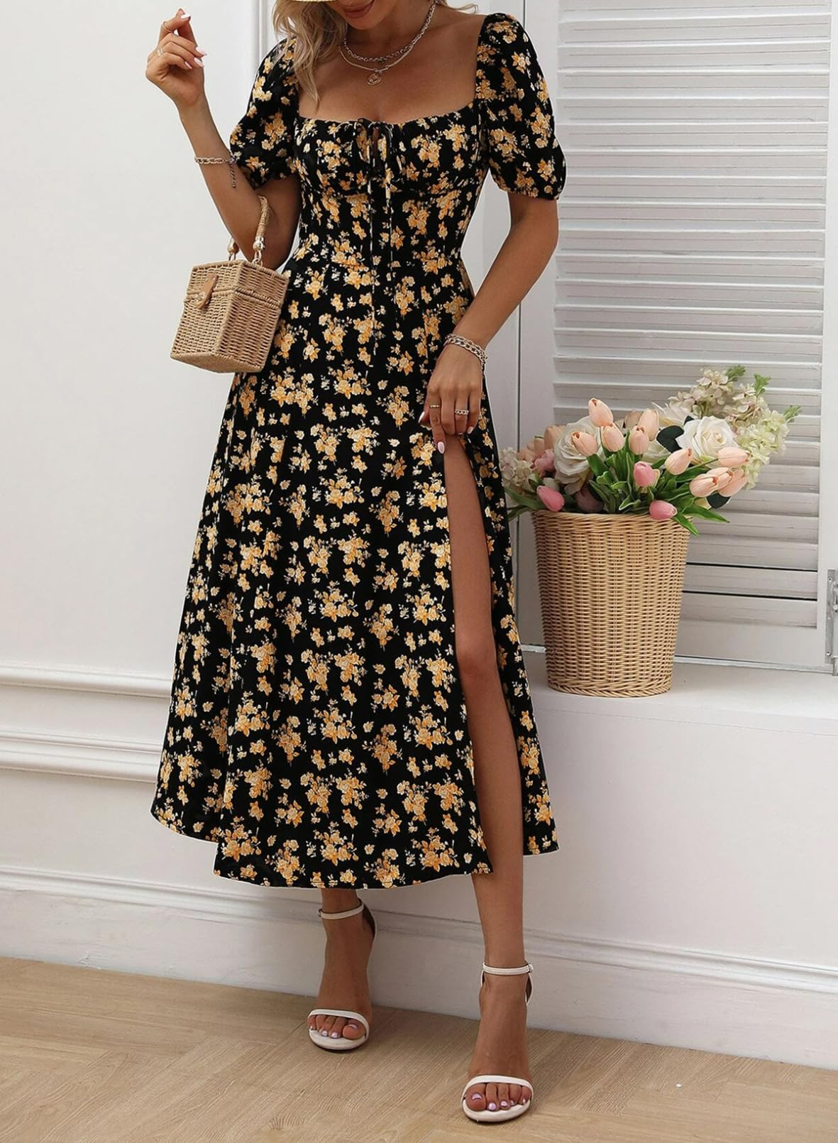 BLENCOT Women's Casual Summer Short Sleeve Square Neck Split Midi Dress - Perfect for Beach Vacations, Date Nights & Summer Parties