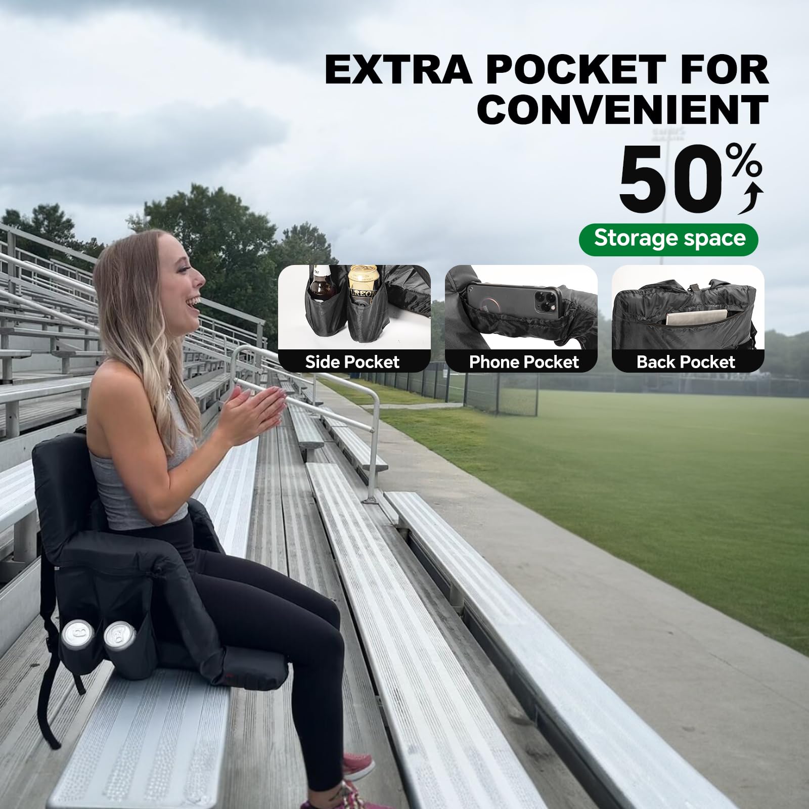 HOMFUL Portable Folding Stadium Chair with Lumbar & Back Support - Padded Reclining Bleacher Seat for Sports Games, Outdoor Camping, Beach Concerts, Picnics & Events - Comfortable Cushioned Seating for Long Hours