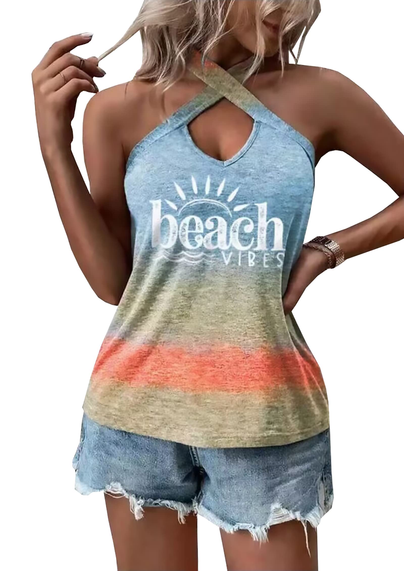 Women's Tie Dye Criss-Cross Halter Backless Tank Top - Sexy Beach Vacation Shirt with Gradient Design | Perfect for Summer Outings, Pool Parties & Tropical Getaways