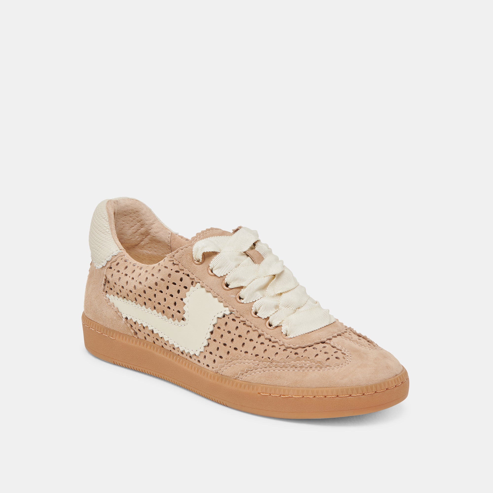 Notice Perforated Eyelet Sneakers in Camel Suede - Comfortable & Stylish Casual Shoes for Women, Perfect for Walking, Work & Everyday Wear