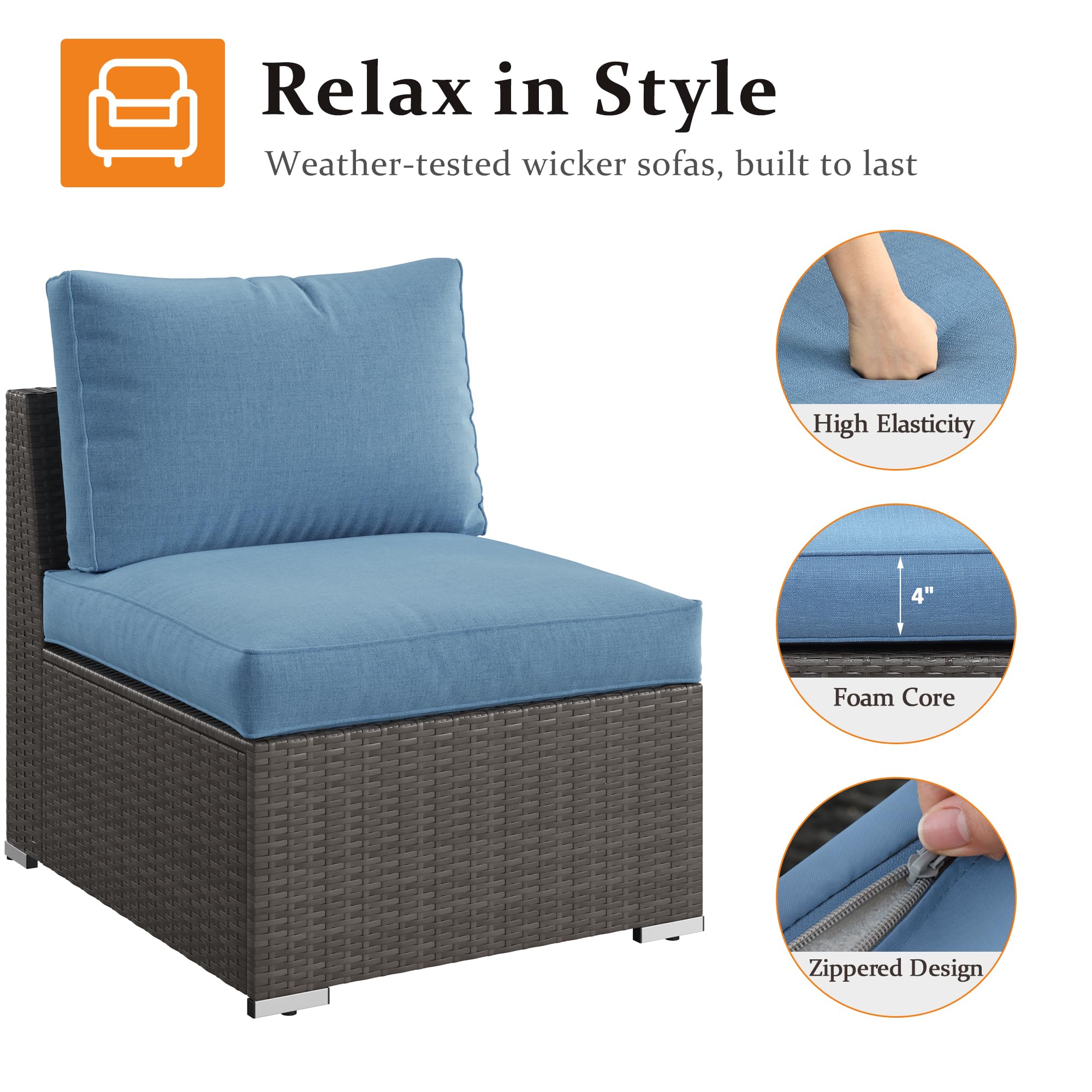 2-Piece Patio Armless Sofa Set with Cushions - Outdoor Wicker Sectional Furniture for Garden, Backyard & Porch - Blue Wisteria Lane Loveseat - Perfect for Relaxing, Entertaining & Outdoor Lounging