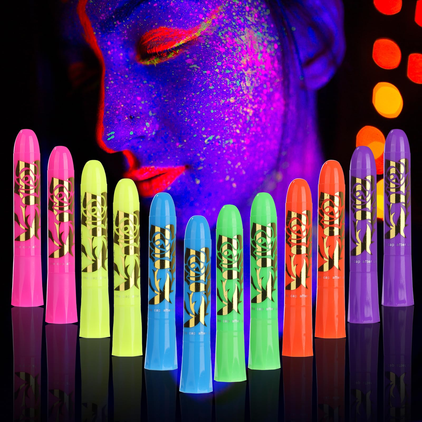 12-Pack Neon Glow in the Dark Face Paint Crayons - Vibrant Luminous Body Paint for Halloween, Birthday Parties & Cosplay - Safe Non-Toxic Makeup for Kids & Adults - Perfect for Festivals, Raves & Night Events