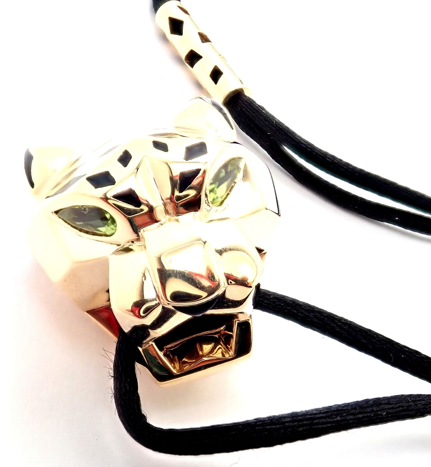 Authentic Cartier Panther Panthere 18k Yellow Gold Peridot Lacquer Cord Necklace for Women - Luxury Jewelry Gift for Birthday, Anniversary & Special Occasions