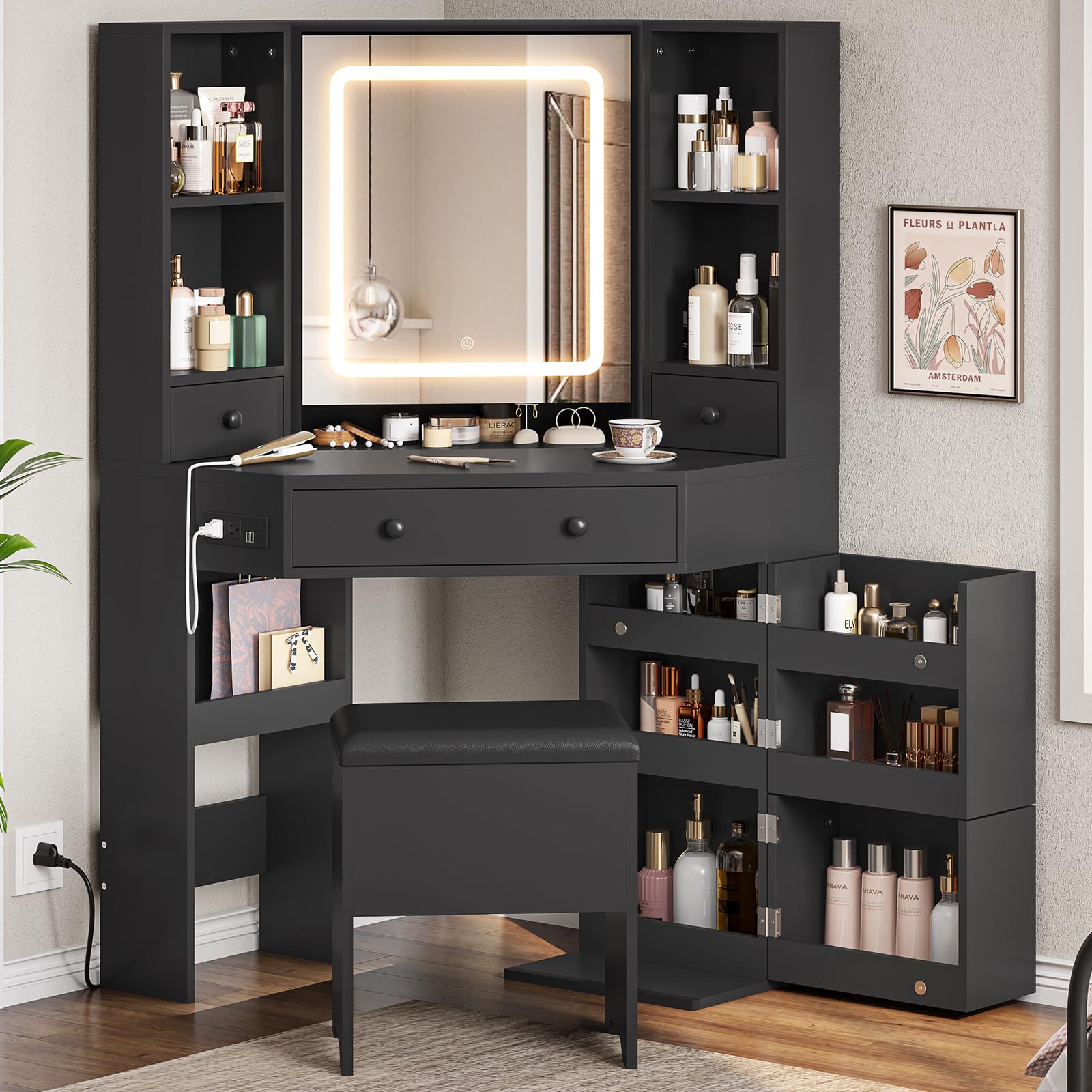 Black Corner Vanity Desk with LED Lighted Mirror, Makeup Vanity Set with USB Charging Station, Storage Stool & Rotating Shelves - Perfect for Bedroom, Dressing Room & Small Space Makeup Organization