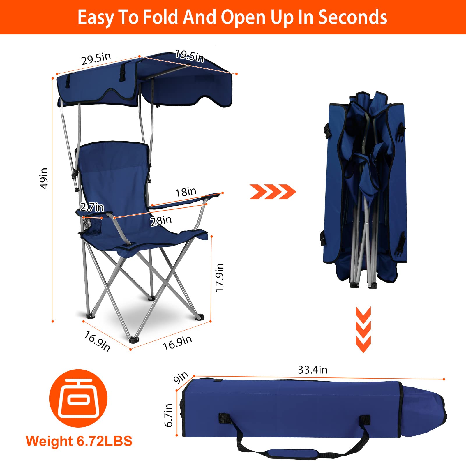 Foldable Beach Canopy Chair with Sun Shade - Heavy Duty Camping Chair with Cup Holder for Outdoor, Beach, Park, and Patio Use - Navy Blue Portable Sun Protection Canopy for Relaxing in Backyard, Picnics, and Summer Camping Trips