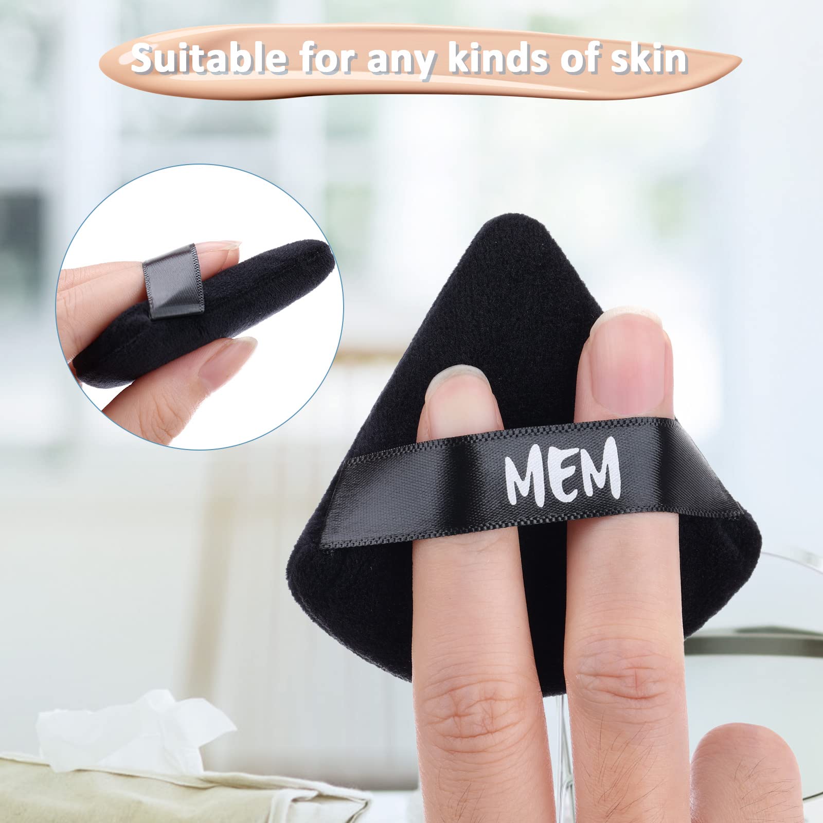 8-Piece MEM Triangle Powder Puff Set - Soft Velour Makeup Sponges for Loose & Pressed Powder Application (Wet/Dry Use) | Skin-Friendly Beauty Blenders with Satin Ribbon Handle | Perfect for On-the-Go Touchups & Professional Makeup Application