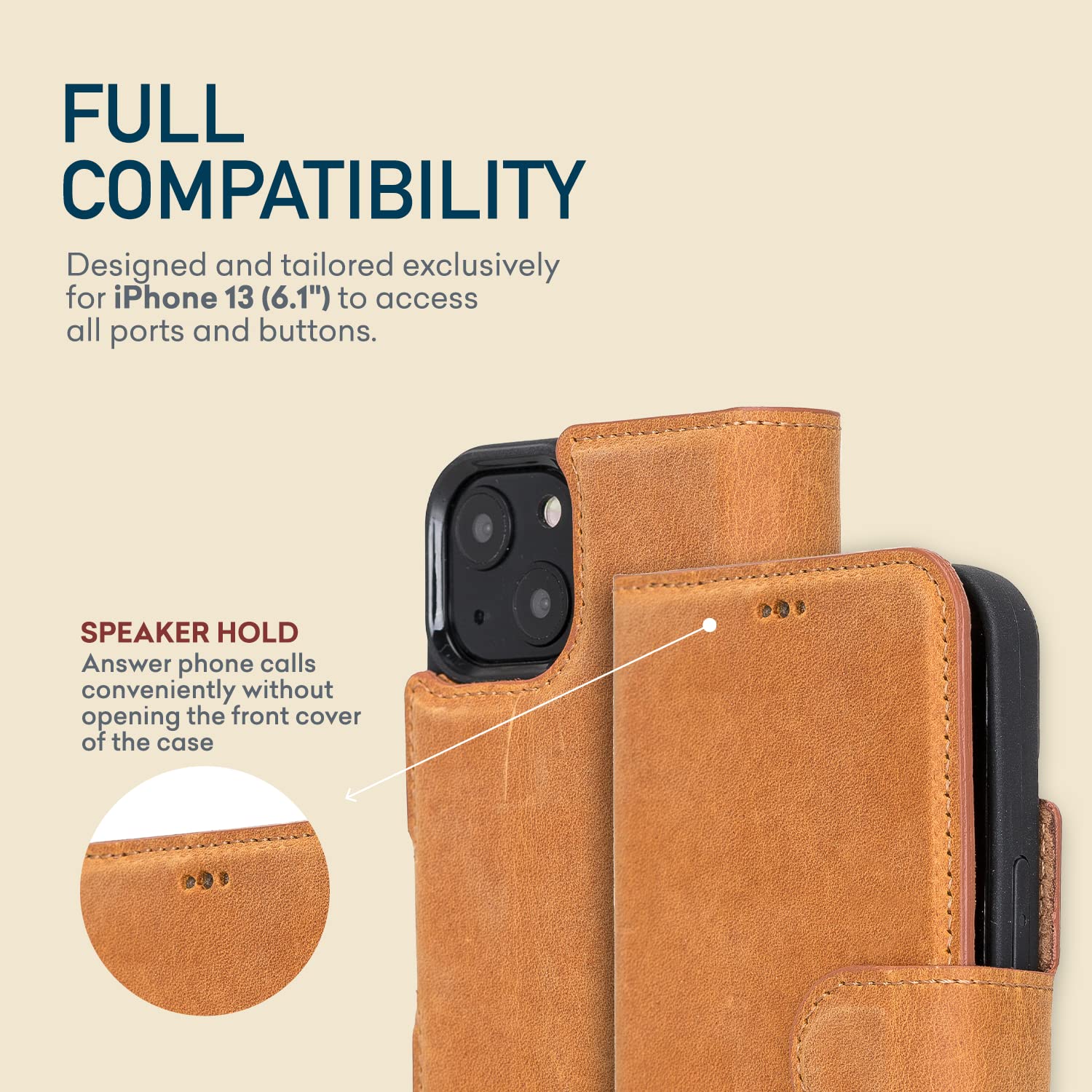 Bayelon Premium Full Grain Leather iPhone 13 Case with Detachable Magnetic Wallet - 2-in-1 Flip Cover with Card Slots & Kickstand | MagSafe Compatible (Antique Camel) for Work, Travel & Everyday Protection