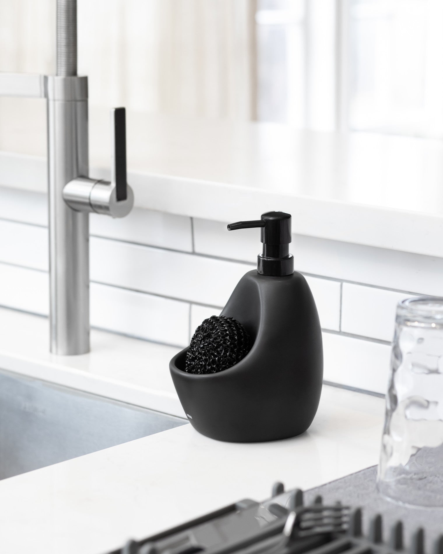 Joey Soap Pump & Scrubby - Hands-Free Foaming Soap Dispenser with Built-in Scrub Brush for Kitchen, Bathroom, and Sink Cleaning (BPA-Free) - Perfect for Dishes, Countertops, and Household Chores