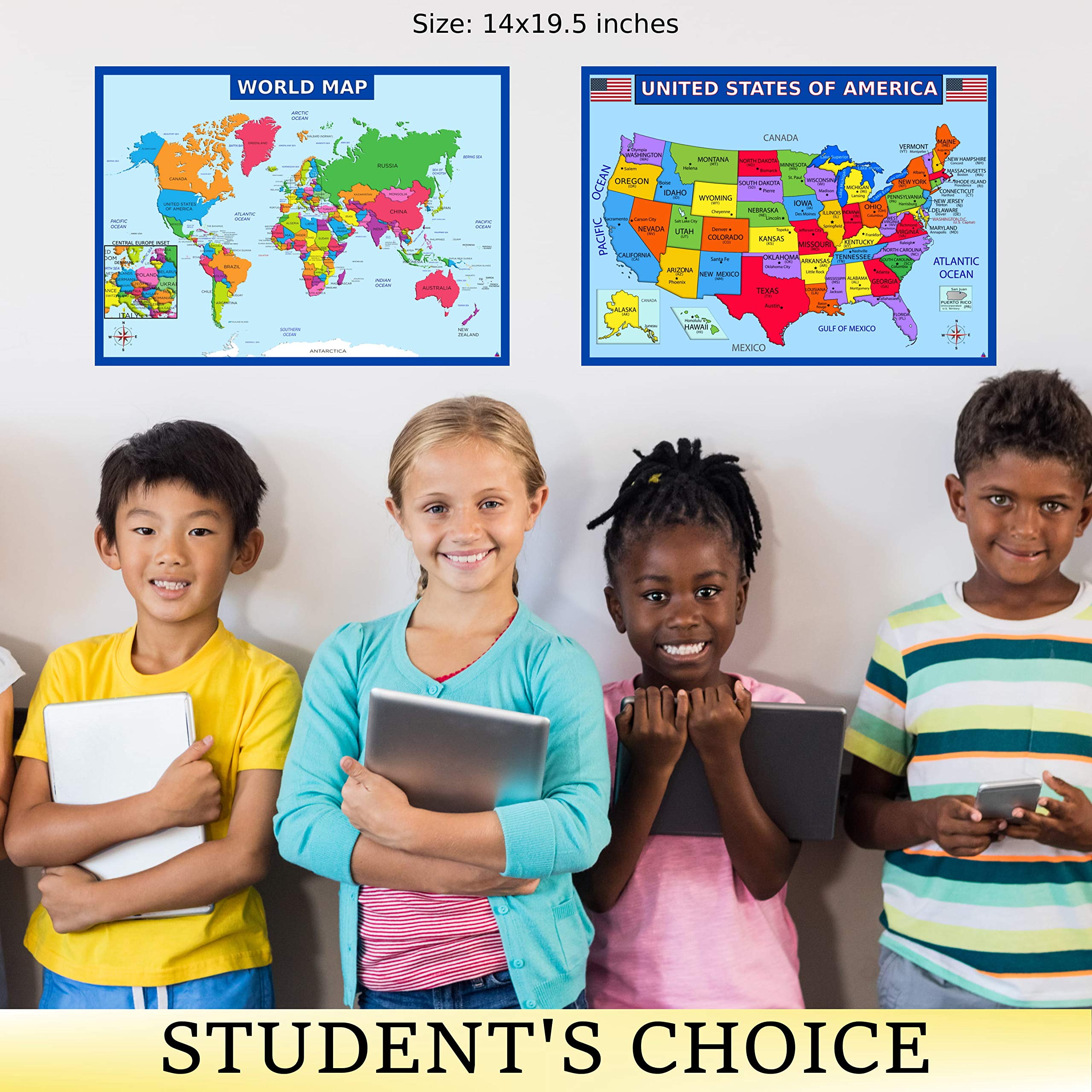 Educational World Map & Solar System Poster Set - Laminated 14x19.5 Inch USA Map & Space Chart for Kids Classroom Decor | Perfect for Elementary School Teachers, Homeschool Learning & Children's Bedroom Wall Art