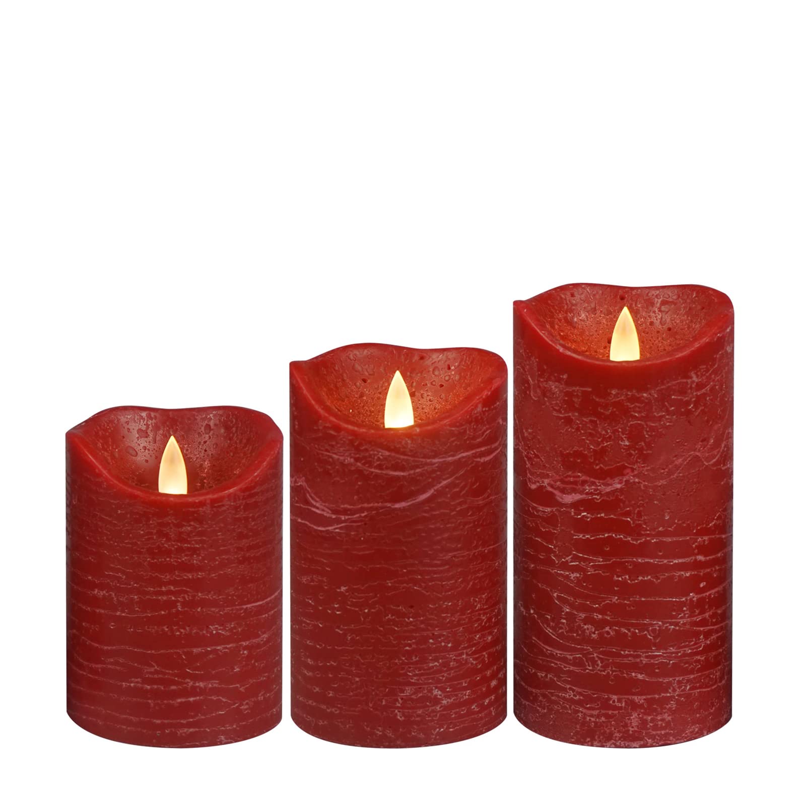Real Wax Flameless LED Candles with Timer - Set of 3 Rustic Red Pillar Candles, Battery Operated, Realistic Flickering Flame, 6H On/18H Off Auto Cycle - Perfect for Home Decor, Weddings, and Romantic Dinners