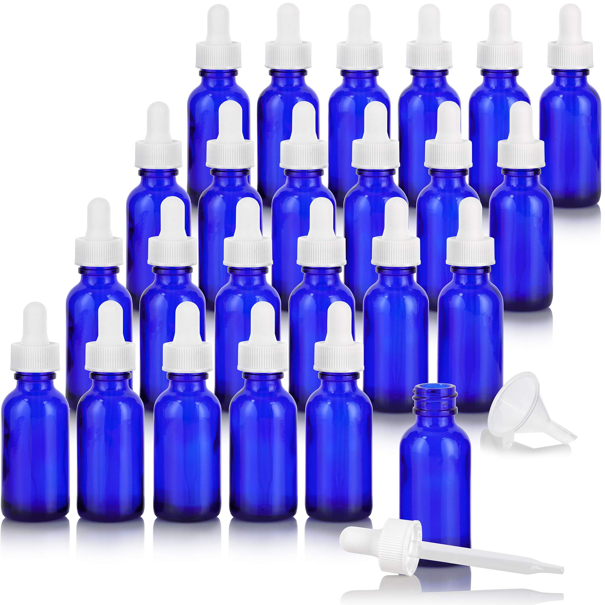 JUVITUS 24 Pack 1 oz Cobalt Blue Glass Boston Round Bottles with White Dropper Caps & Bonus Funnel - Essential Oil, DIY Beauty, and Travel-Sized Liquid Storage Solution
