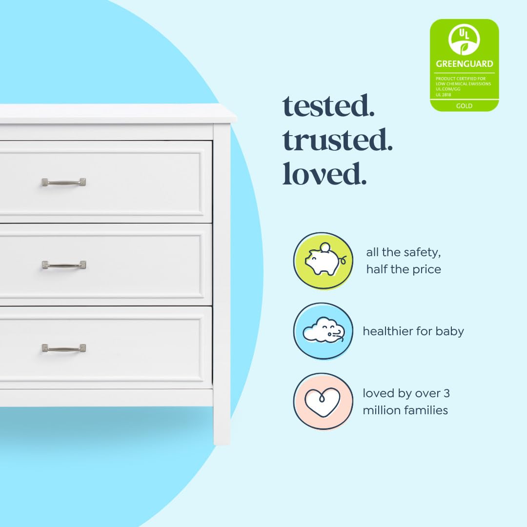 DaVinci Charlie 3-Drawer White Dresser - 35x20x34 Inch Solid Wood Baby Nursery Furniture for Bedroom Storage & Organization (Pack of 1)