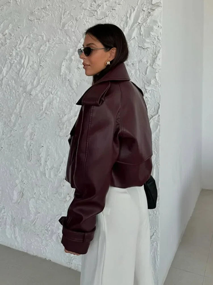 Stylish Women's Burgundy Leather Jacket with Lapel - Casual Loose Fit Long Sleeve Coat with Pockets | Autumn & Winter Outerwear for Street Fashion, Date Nights & Office Wear