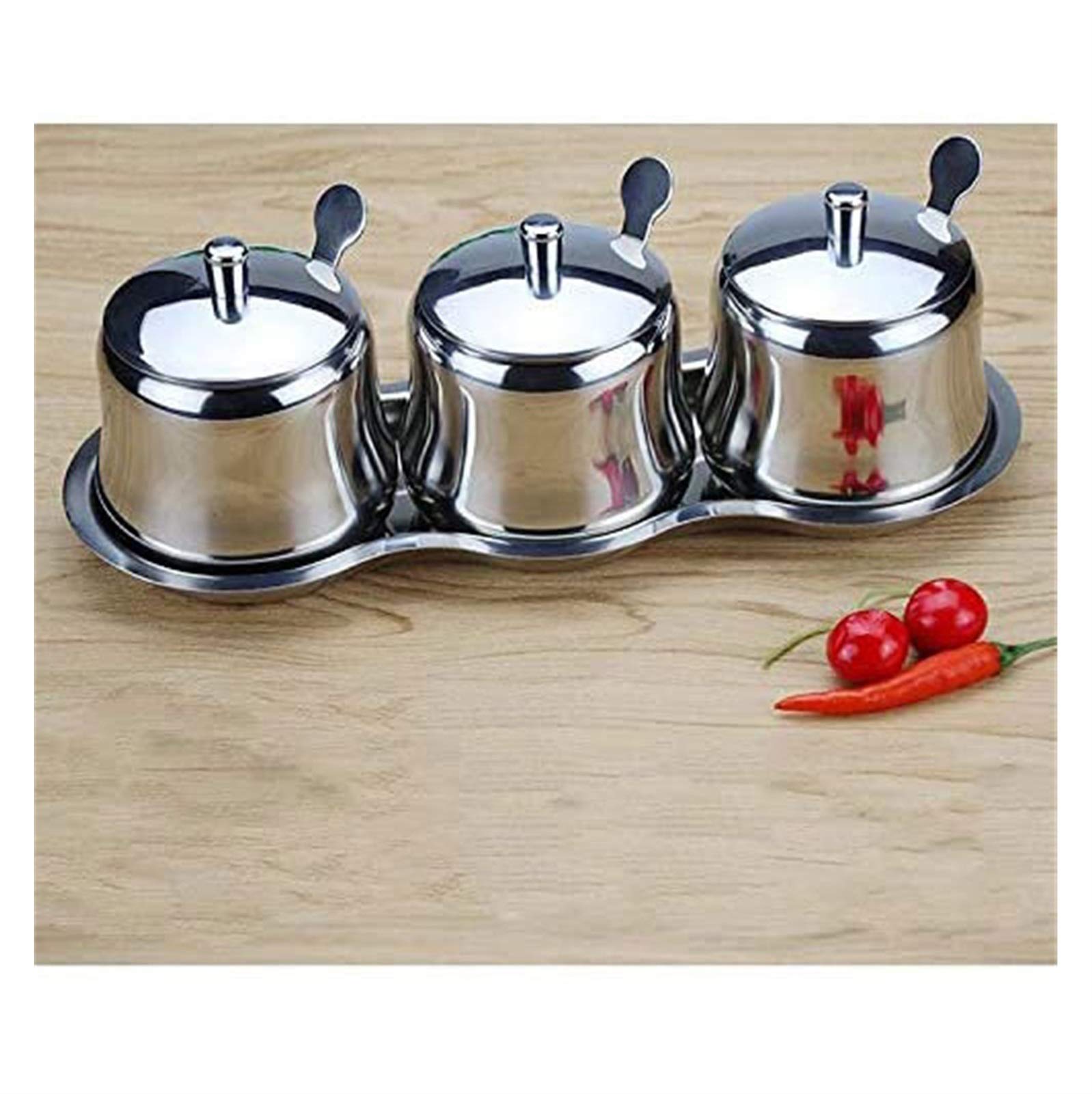 Premium Set of 3 Airtight Stainless Steel Spice Jars with Bamboo Lids & Serving Spoons - Kitchen Organizer for Spices, Herbs, Salt, Pepper - Perfect for Cooking, Baking & Countertop Storage