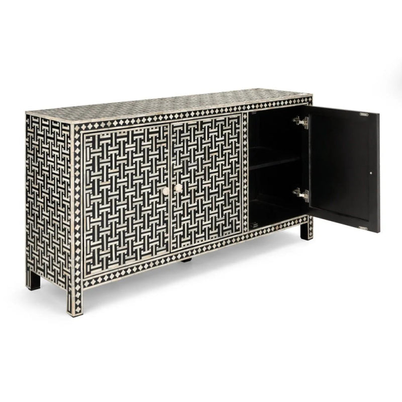 Handmade Bone Inlay 3-Door Sideboard Cabinet - Black & White Buffet Table for Dining Room Storage & Home Decor