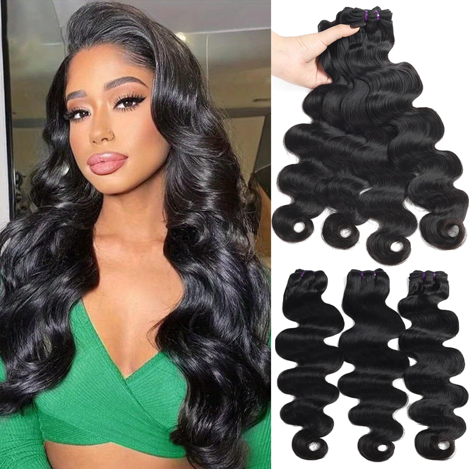 Vallbest 16A Body Wave Human Hair Bundles 14 16 18 Inch - 100% Unprocessed Brazilian Virgin Hair Extensions for Weaving (3 Bundles, Natural Black) - Perfect for Salon Styling, Daily Wear & Special Occasions