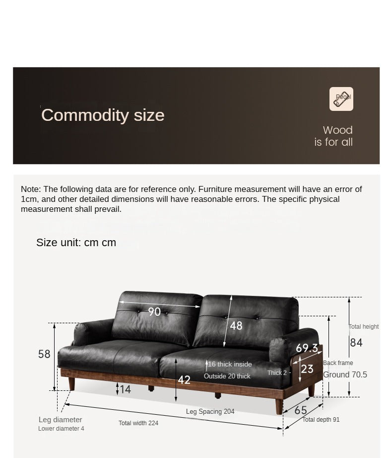 Premium Black Walnut Solid Wood Sofa - Genuine Leather & Fabric Upholstery, Modern Living Room Furniture for Home & Office Comfort