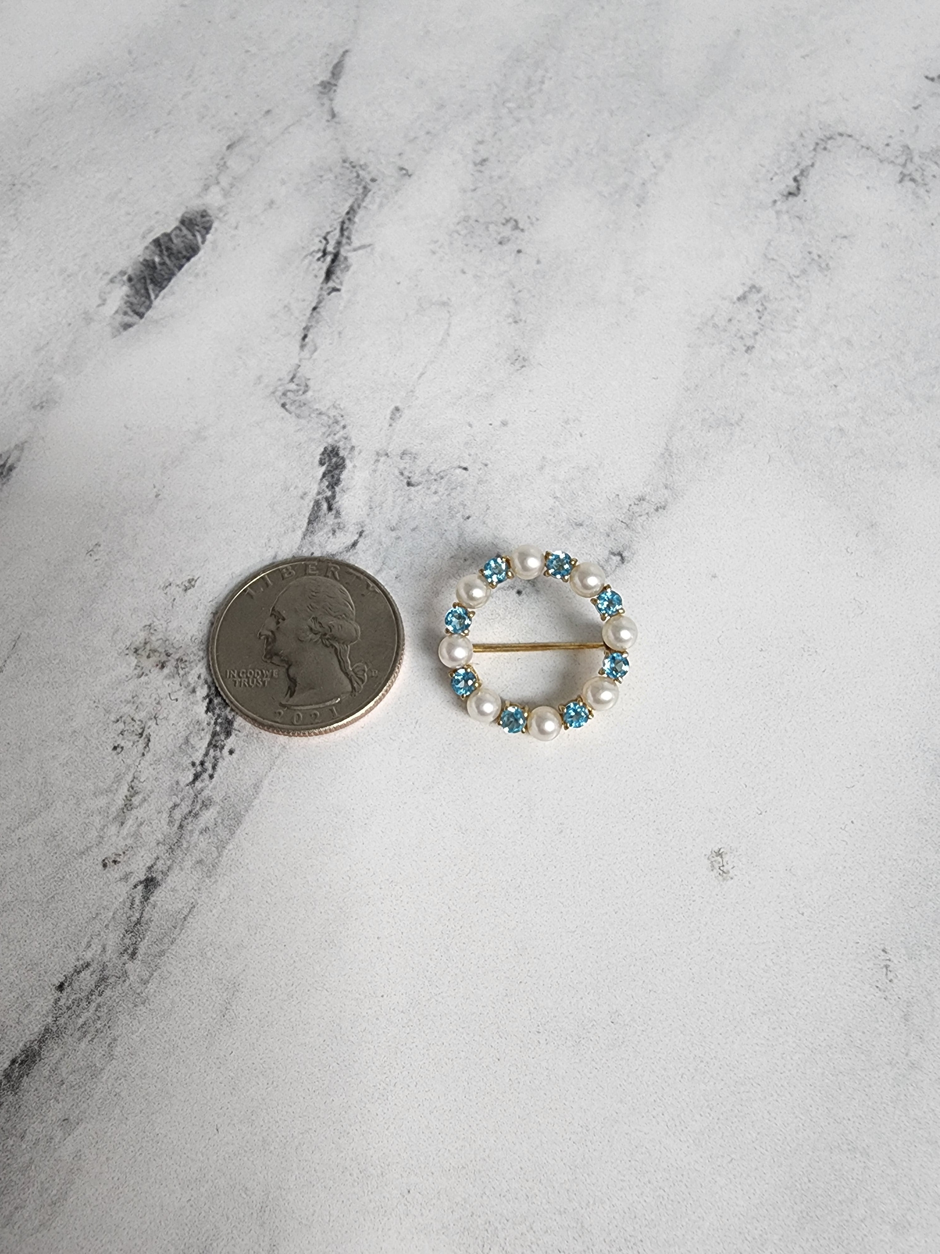 14k Yellow Gold Blue Topaz & Pearl Brooch - Elegant Jewelry for Weddings, Parties & Special Occasions