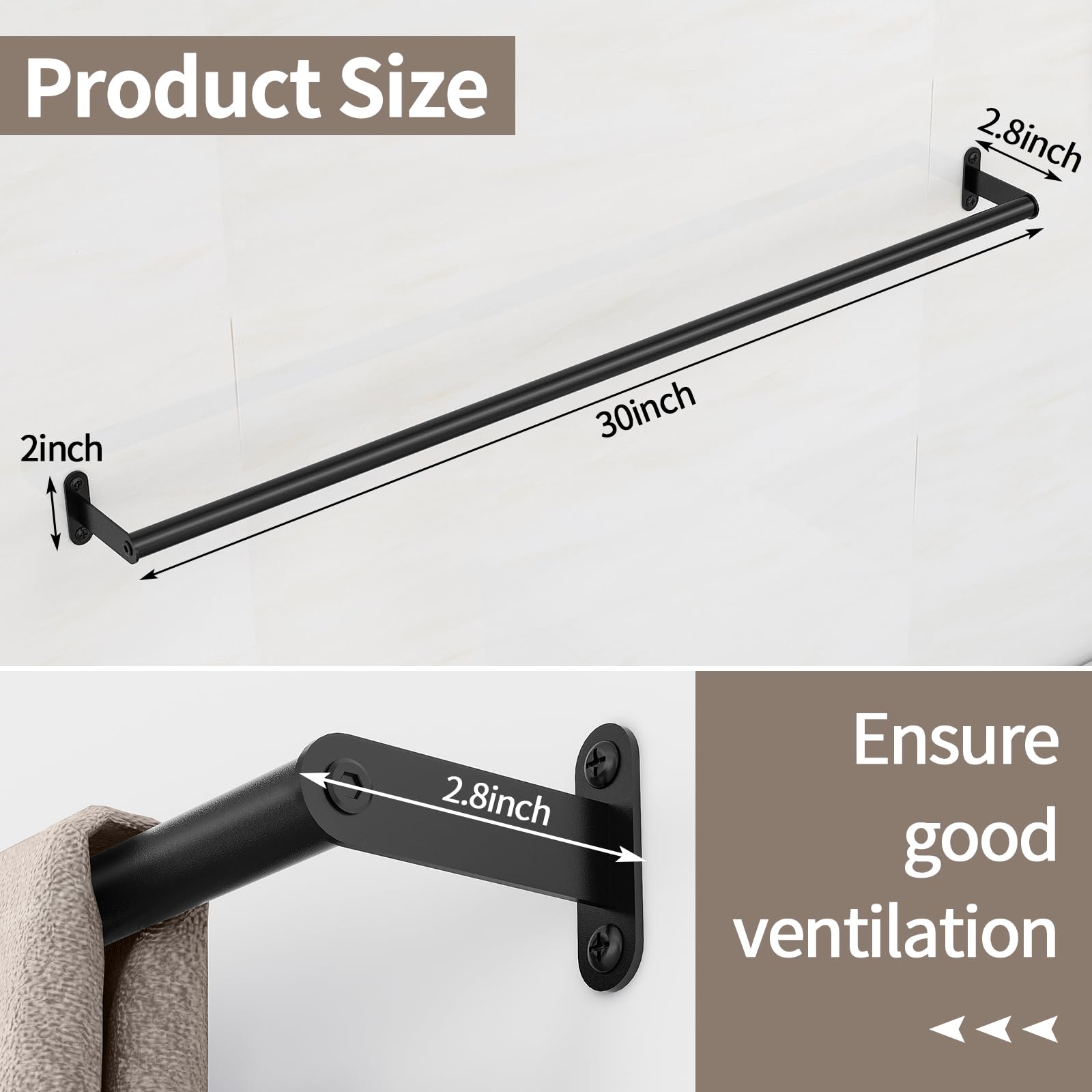 30 Inch Matte Black Towel Bar - Stainless Steel Wall Mounted Bathroom Towel Rack & Holder for Bath, Shower, Spa - Rustproof & Durable Bathroom Accessories